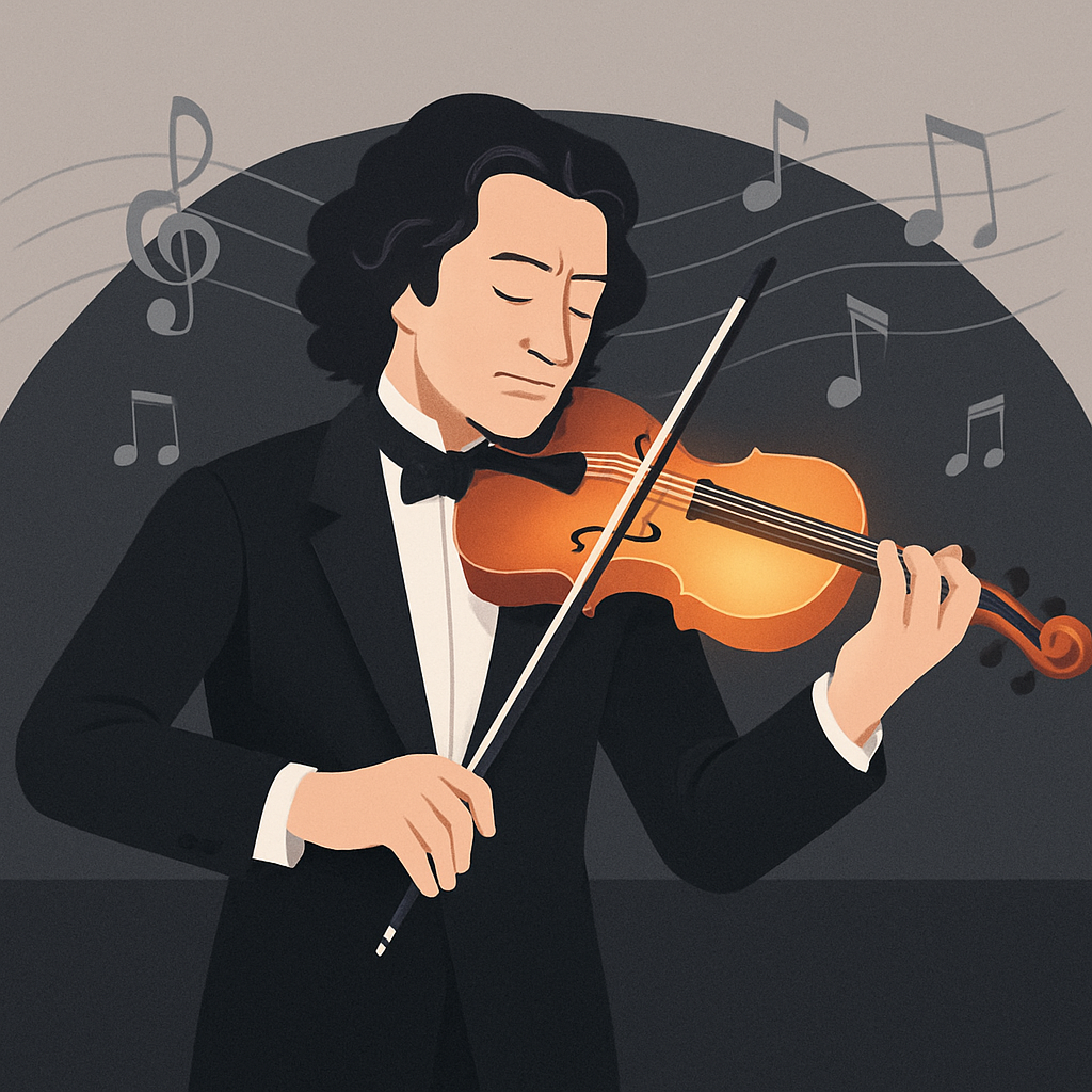 A high-quality, modern, and minimalistic illustration suitable for web content, depicting a classical violin artist in elegant attire performing passionately on stage with a glowing violin, musical notes elegantly floating in the background, symbolizing mastery and musical heritage. The scene should reflect professionalism and sophistication, emphasizing the legendary influence and repertoire of a virtuoso violinist and composer, without any text or branding.