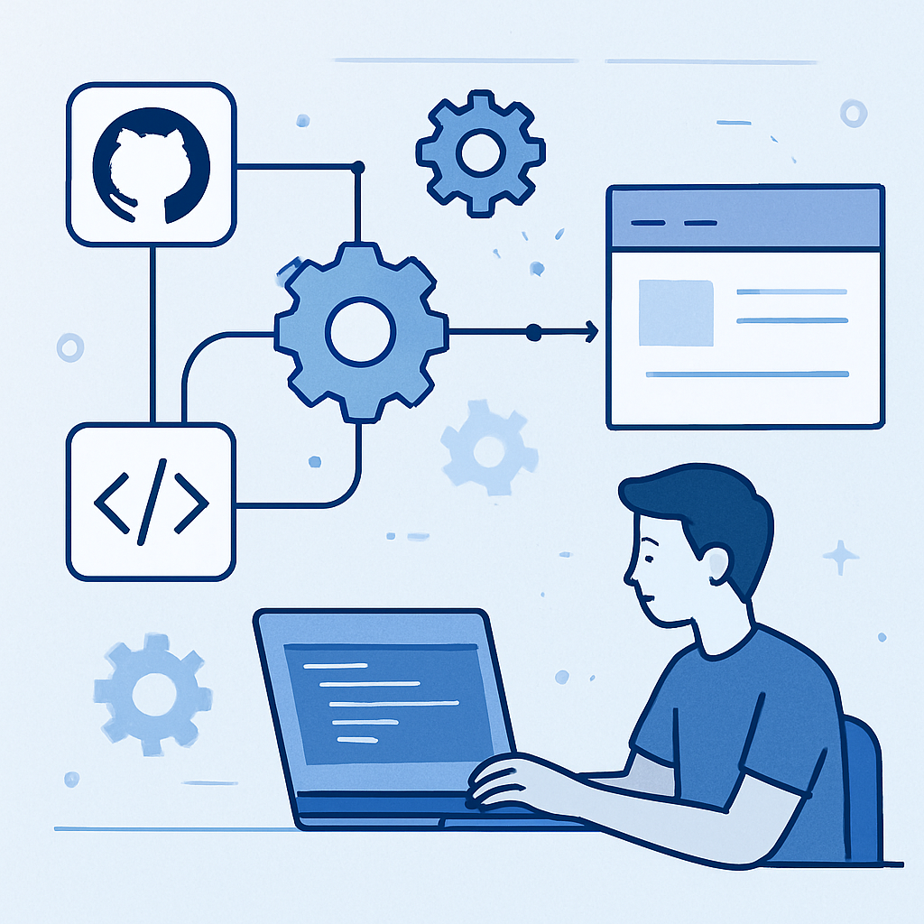 A modern, minimalist illustration representing the practical beginner’s guide to Github Actions automation. Visualize a clean workflow with flowchart elements, gears, code snippets, and a user gradually progressing from basic concepts to actual project implementation. Use sleek blue and white tones with subtle tech-inspired accents. Emphasize an approachable learning journey for absolute beginners, showcasing key automation steps and project integration in an elegant and professional web-friendly style, with no text or language overlays.