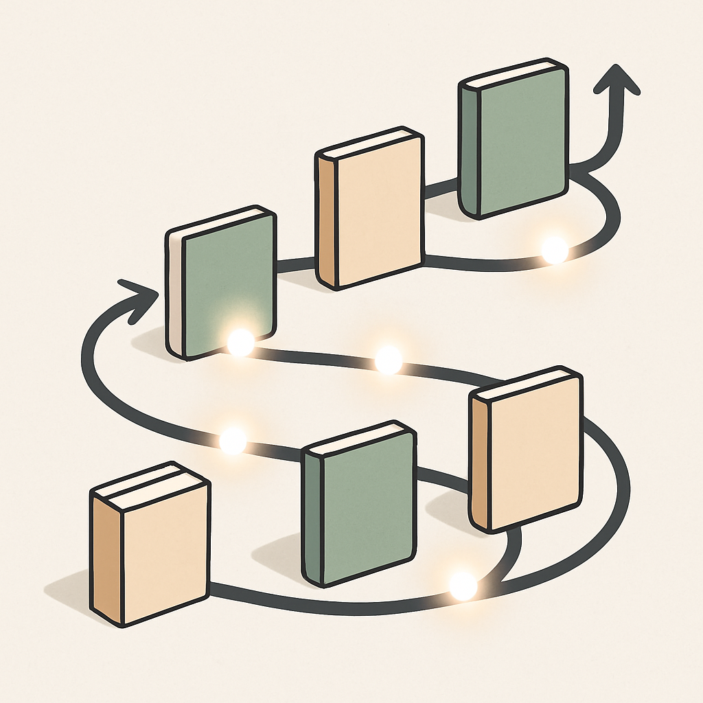 A modern, minimalistic illustration showing a series of books or flashcards arranged along a winding timeline, with subtle glowing checkpoints indicating spaced intervals. Visual elements like arrows or gentle curves suggest the process of repetition and memory reinforcement. The style is clean, professional, and educational, with neutral background and no text or human faces. The design should evoke the concept of learning, knowledge retention, and effective study techniques using popular and classic methods.