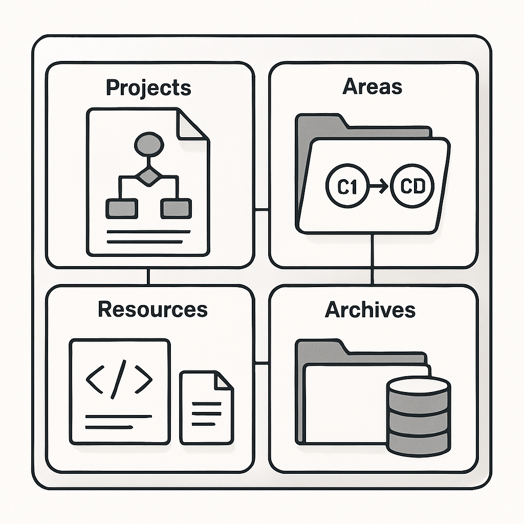 A modern, minimalist illustration showing a digital workspace dashboard divided into four interconnected sections labeled visually as Projects, Areas, Resources, and Archives. Each section contains stylized icons representing CI/CD pipeline documents, such as flow diagrams, file folders, code snippets, and database symbols. The design should evoke a sense of organized knowledge management and systematic process in a professional development team environment, with clean lines, ample white space, and educational undertones. No human faces, text, or branded elements.