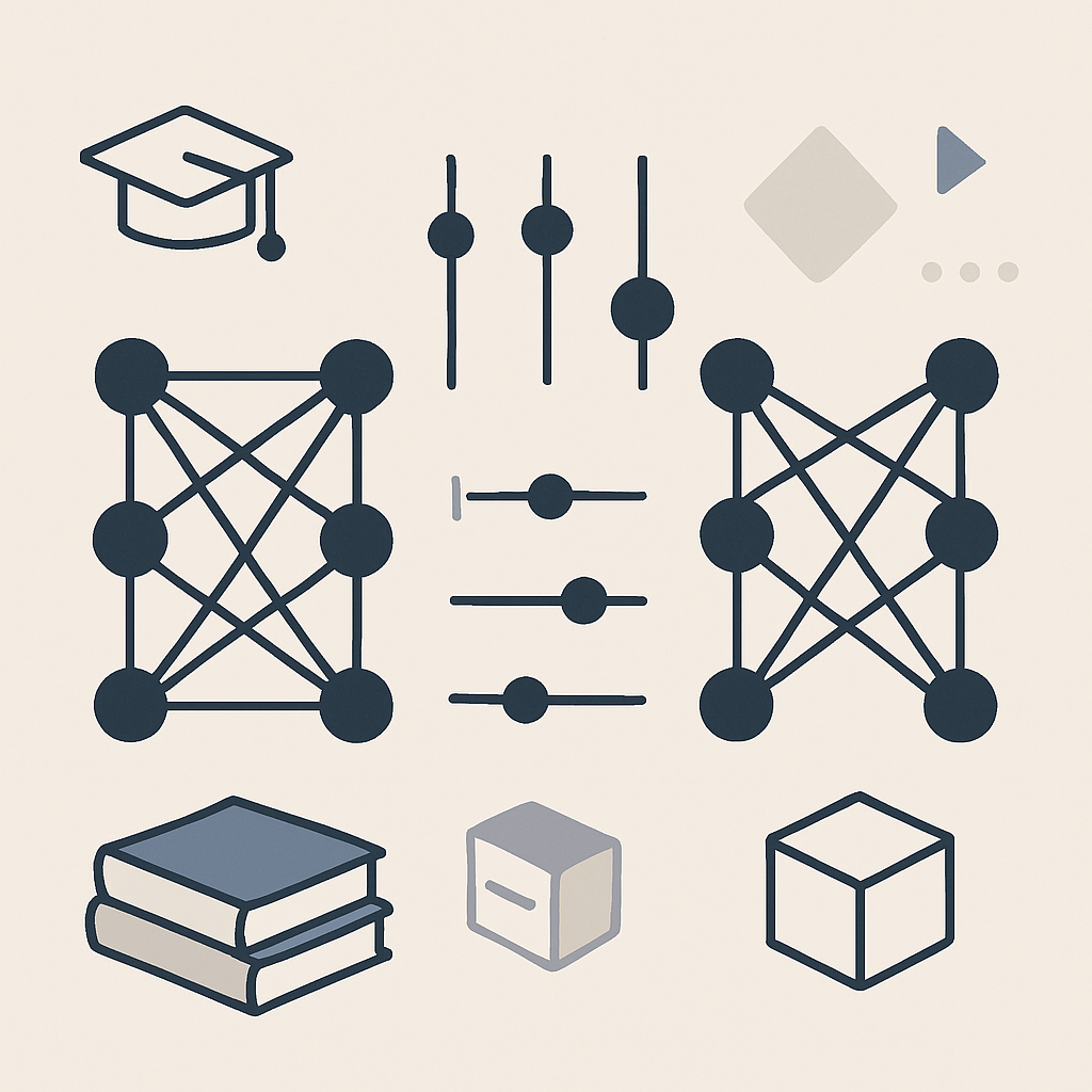 A modern, minimalist illustration depicting the fine-tuning process of large language models: abstract representations of neural networks with adjustable sliders and interconnecting nodes, set against a clean, professional background. Incorporate subtle elements suggesting learning and knowledge, such as stylized books, a graduation cap outline, or geometric shapes symbolizing algorithms and adaptation. Ensure no text, human faces, or brand references; focus on a sleek, high-quality educational theme.