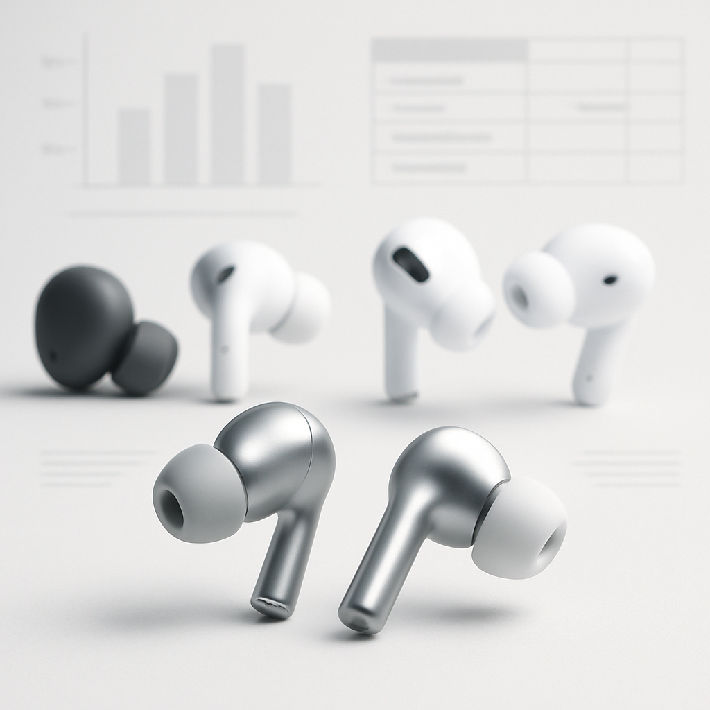 A high-quality, professional, and minimalistic image featuring a set of silver wireless earbuds displayed prominently in the foreground, with other popular wireless earbud models arranged in a subtle comparison layout in the background. Use clean lines, soft lighting, and a modern educational vibe, emphasizing features such as compact design and advanced technology. The setting should evoke a sense of learning and analysis, with abstract graphic elements like charts or comparison tables faintly visible to suggest differences and features, while keeping the focus on the earbuds. No brand logos, character faces, text, or trademarks.