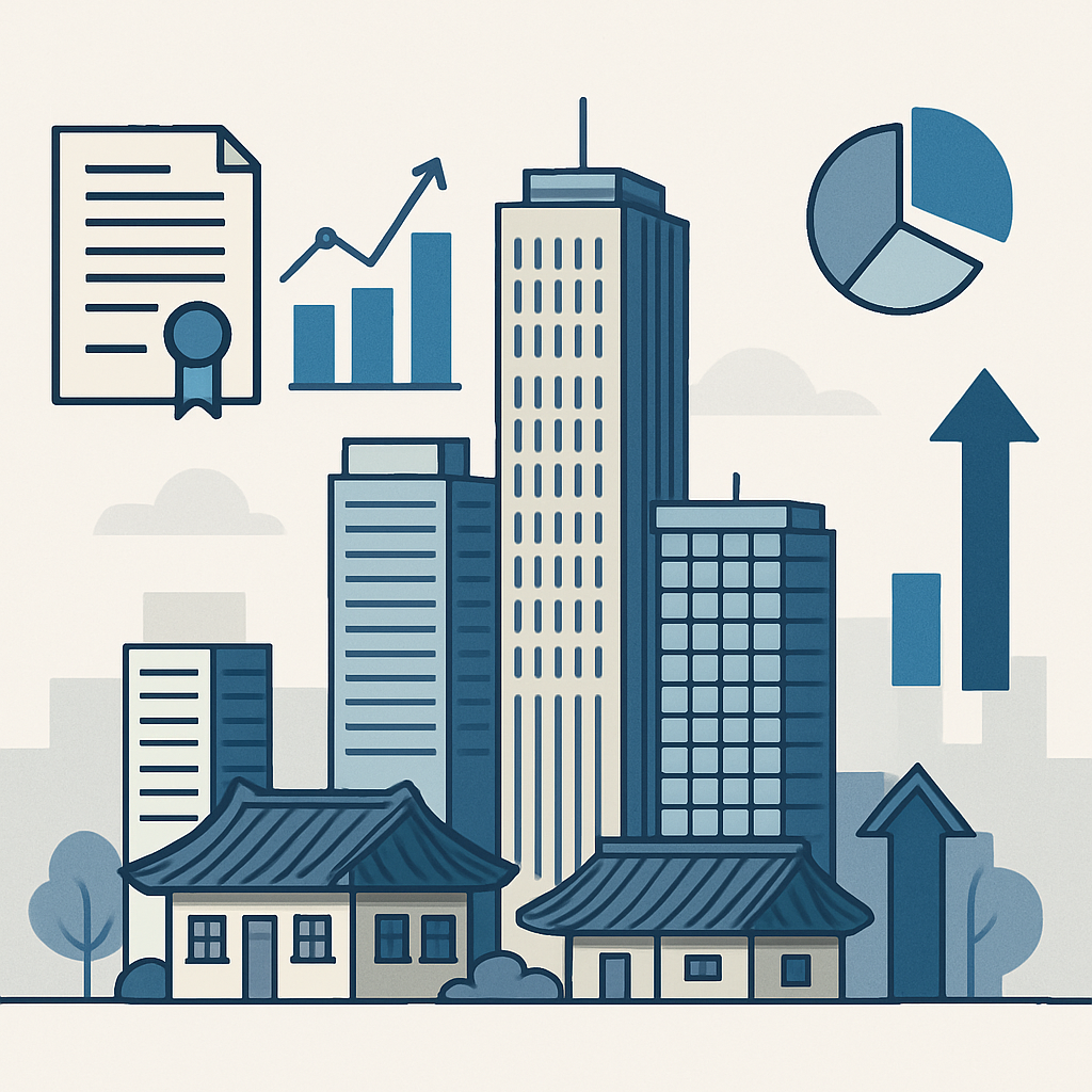 A modern, minimalist illustration representing real estate policies and market trends in Seoul for 2025. The scene features stylized skyscrapers and traditional buildings arranged on a clean city skyline, with abstract icons such as a legal document, charts, and growth arrows subtly integrated. Neutral colors with blue accents suggest professionalism and educational value. The image should feel organized and informative, with clear elements symbolizing policy changes, market analysis, and urban development. Exclude any human faces, trademarked architecture, or text.