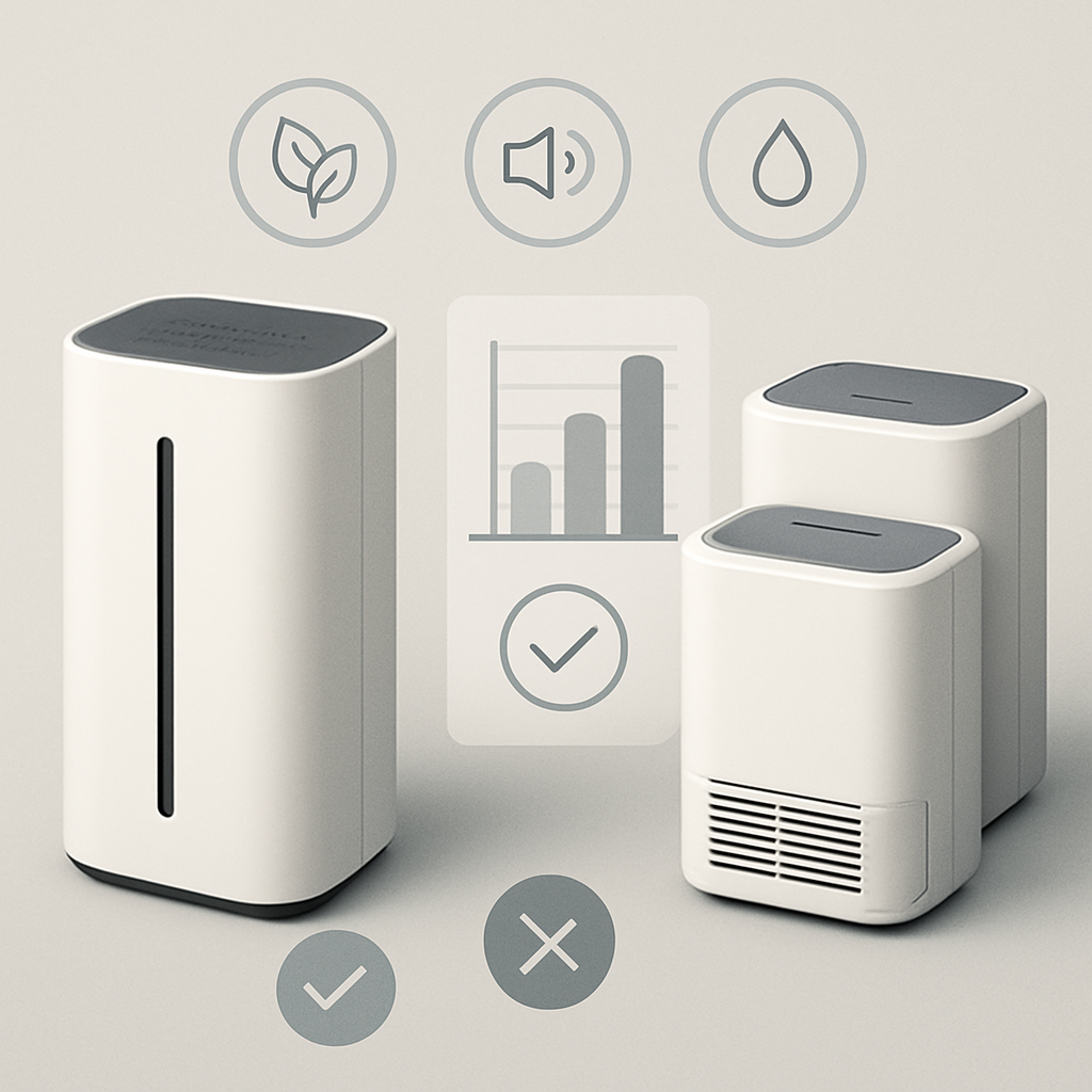 A modern, minimalist educational illustration showing a quiet air purification dehumidifier placed side by side with similar generic dehumidifiers for a performance comparison. Use sleek, neutral colors and professional 3D rendering style. Display subtle icons or symbols representing air purification, noise reduction, and dehumidification. Include graphic elements like comparison charts, check marks, and simple pros and cons symbols. The composition should evoke a sense of learning, analysis, and clarity, suitable for educational content. No text, letters, or recognizable brands; focus on clean lines and contemporary design. No human faces.