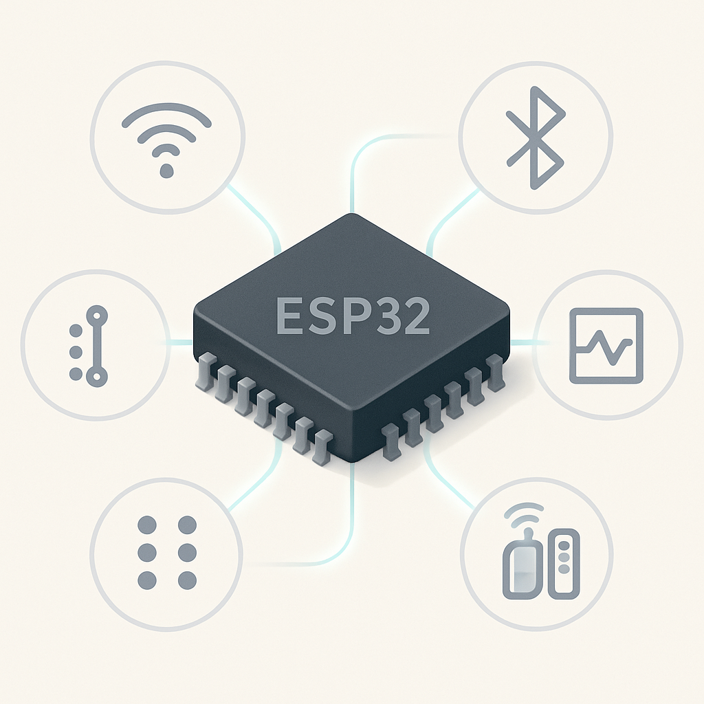 ESP32의 핵심 개념 정리
ESP32는 Espressif Systems에서 개발한 저전력·저비용 Wi-Fi/Bluetooth 통합 마이크로컨트롤러(SoC)로, 듀얼 코어 프로세서와 다양한 주변 장치를 내장해 IoT, 센서, 원격 제어 등에 널리 사용됩니다. Wi-Fi(스테이션/액세스 포인트 모드), Bluetooth Classic/BLE, 풍부한 GPIO, 아날로그/디지털 인터페이스를 제공하며, 가격이 저렴하고 개발 생태계가 잘 구축되어 있어 메이커와 개발자에게 인기 있는 플랫폼입니다.