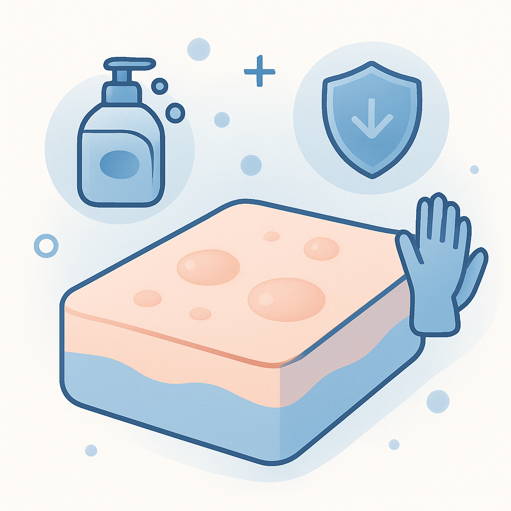 A modern, minimalist educational illustration showing the concept of flat warts: a clean diagram of smooth, slightly raised spots on skin, surrounded by abstract icons representing hygiene, prevention, and care--such as gentle soap, gloves, and a shield. Use cool tones and soft gradients, emphasizing clarity and professionalism. No text or facial features, designed for high-quality educational content.