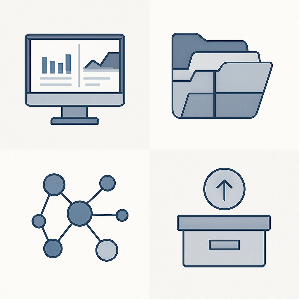 A modern, minimalist illustration showing the application of the PARA method (Projects, Areas, Resources, Archives) within an SRE (Site Reliability Engineering) monitoring operations guide. Visualize four distinct sections, each representing one aspect of PARA, with abstract icons such as dashboards, segmented folders, interconnected nodes, and archiving symbols, set against a clean, professional background. Use a palette of blue, gray, and white to evoke a sense of technical expertise, education, and organization. The image should convey structured workflow, data management, and learning in a high-tech environment, with no text or human figures.