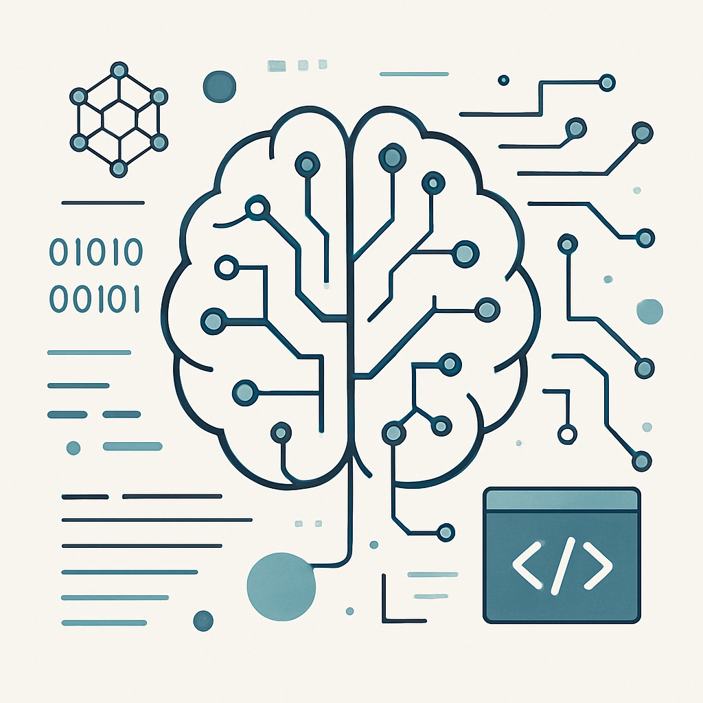 A modern and minimalistic illustration representing open-source large language models. Feature abstract digital brain elements interconnected with circuit patterns, subtle AI motifs, and data streams. Integrate symbolic nodes and code blocks to express cutting-edge technology and collaborative innovation. The design should evoke professionalism, clarity, and web-ready aesthetics, using a clean color palette and geometric shapes. No text, logos, or copyrighted elements; focus on a sleek, high-tech style suitable for an informative tech blog.