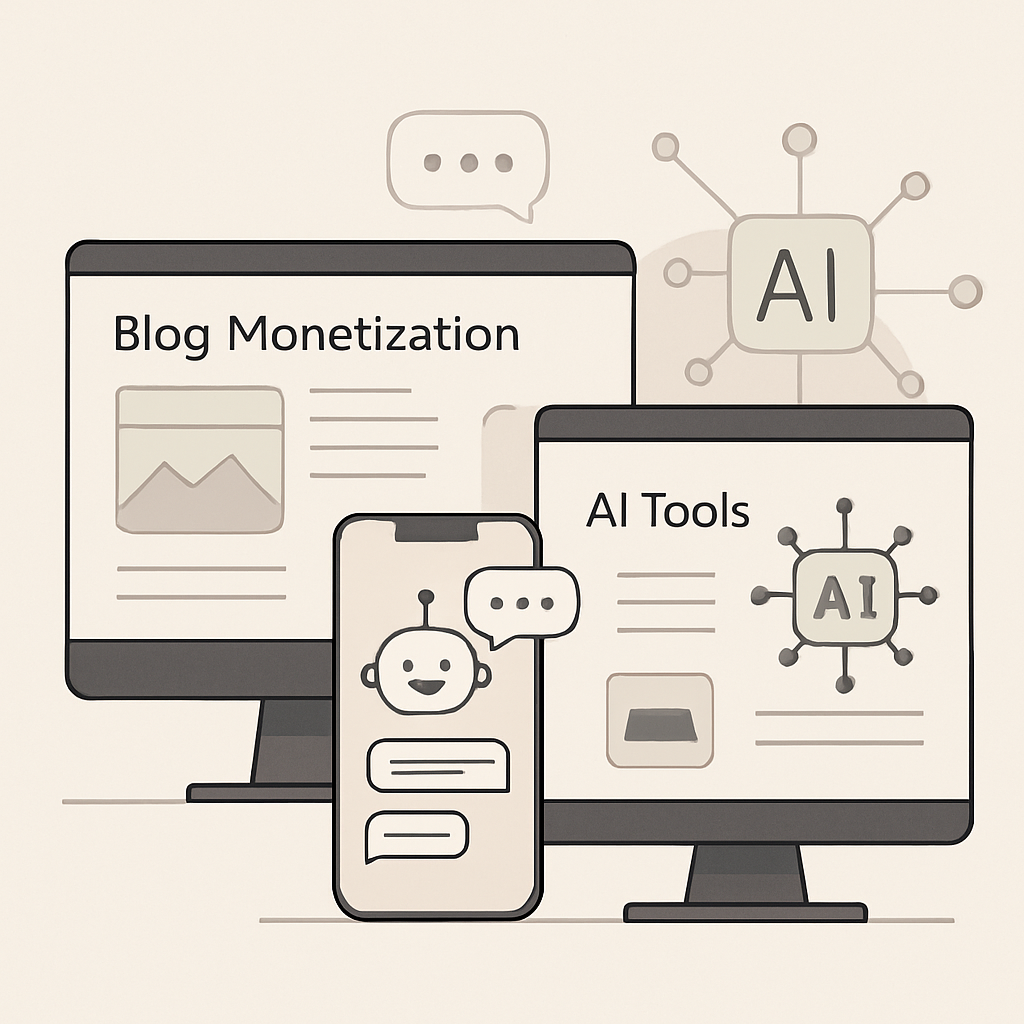 A modern, minimalistic illustration of a digital workspace showcasing AI-powered chatbot tools and image generation applications being used for blog monetization strategies. Include abstract representations of blogs, chatbots, and AI algorithms interacting harmoniously on sleek computer screens and mobile devices, emphasizing professionalism and clarity. Use soft, neutral colors and clean lines for a sophisticated look, suitable for high-quality web content. No text or specific brand names, just general concepts like "blog monetization," "AI tools," and "chatbot applications" visualized in a contemporary, uncluttered design.