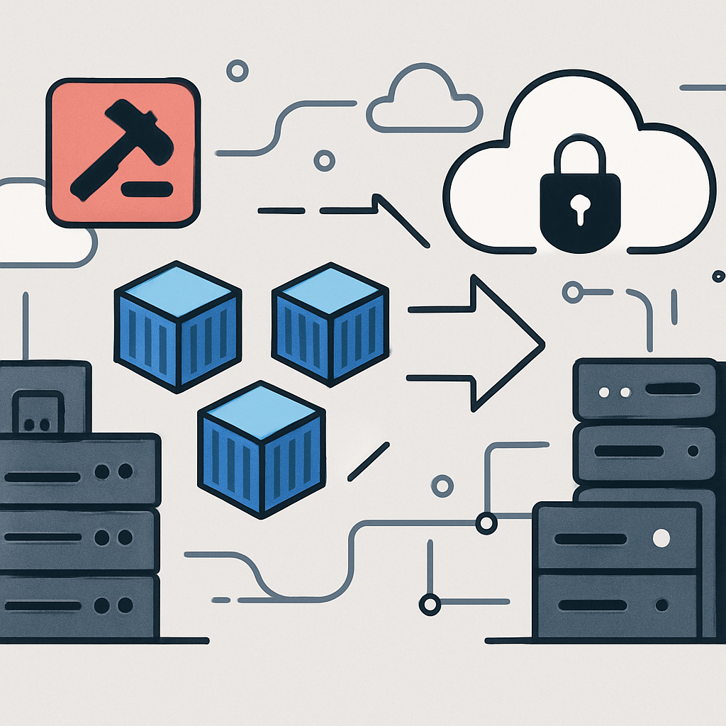 A modern, minimalist educational illustration showing the migration of container images in a Kubernetes environment: depict a cluster of abstract, geometric containers moving from a deprecated source labeled with a classic method icon, to a secure cloud registry represented by a popular concept symbol. Surround the scene with stylized server infrastructure, cloud motifs, and interconnecting lines, evoking a sense of digital transition, learning, and professional adaptation. No text, no faces, and maintain a clean, high-quality visual style suitable for teaching technical content.