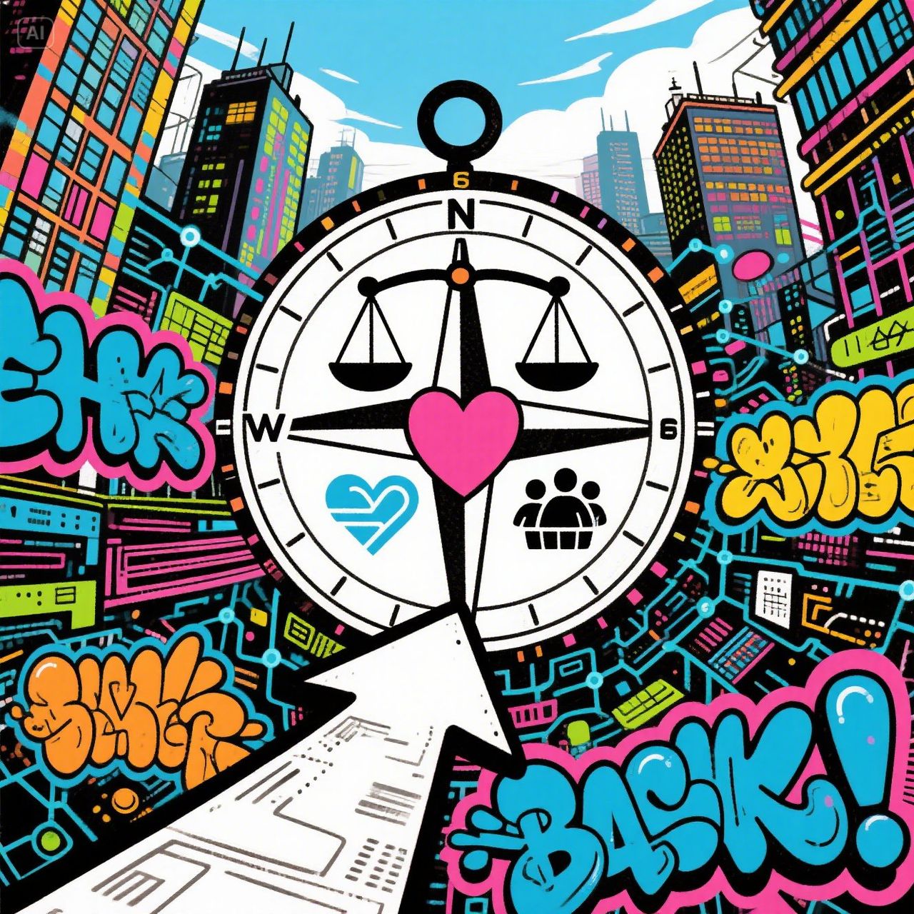 _A compass with ethical symbols (balance scale, heart, community icon) guiding a path through a comp