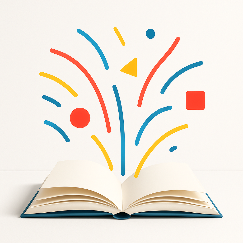 A high-quality, modern, and minimalist image representing creative perspective and innovative thinking in education. Show an open book with abstract, colorful lines and geometric shapes emerging from the pages, symbolizing knowledge expansion and imaginative ideas. The scene should convey a professional and educational atmosphere, with a clean white background and soft shadows, avoiding any text or character faces.