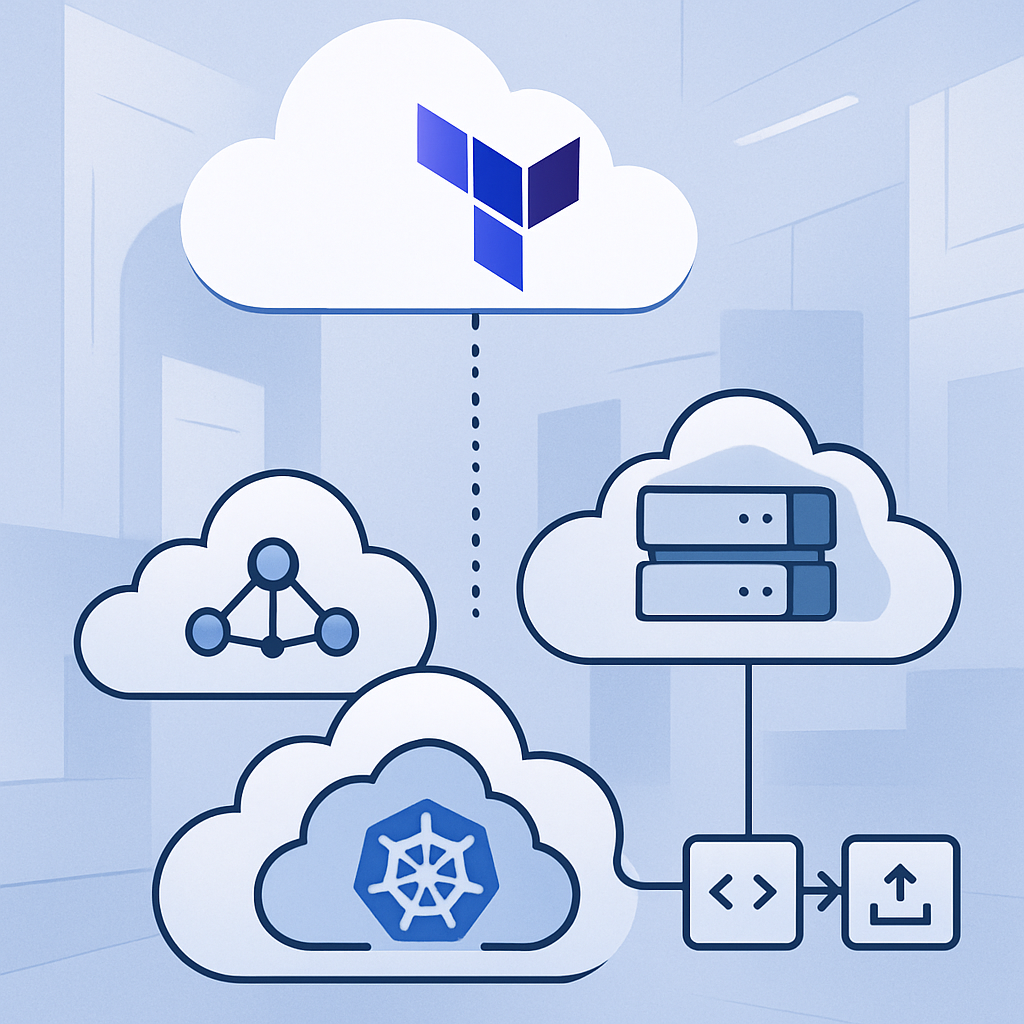 A modern, minimalistic illustration showing the process of building a cloud infrastructure: a stylized diagram with Terraform logo elements orchestrating AWS components like VPC, servers, and EKS clusters, connected to a CI/CD pipeline represented by code and deployment icons, set within a clean, professional, high-tech environment. Use cool, professional colors and simplified geometric shapes to convey security, automation, and cutting-edge DevOps practices without any text or brand-specific imagery.