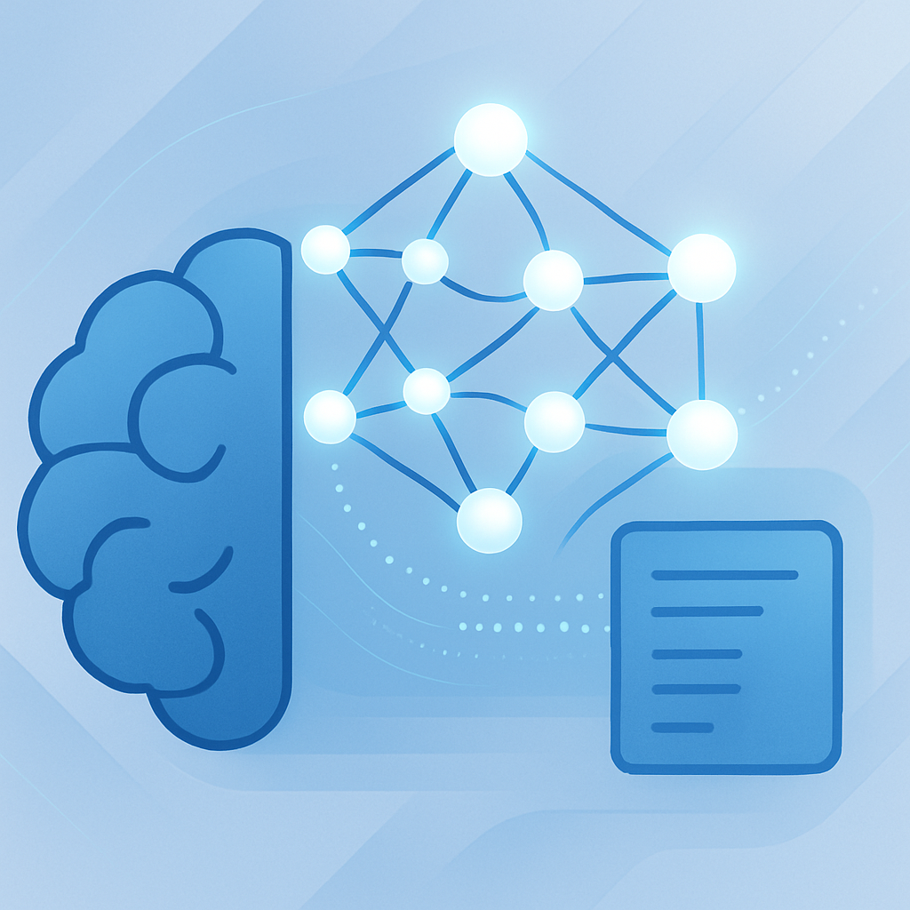 A modern, minimalist illustration representing a powerful large language model in an educational context: abstract neural network shapes interconnecting, digital data flowing, glowing nodes symbolizing advanced learning and technology, clean geometric lines, soft gradients in blue and white, sleek futuristic background, no text or human faces, professional and high-quality style suitable for learning content.