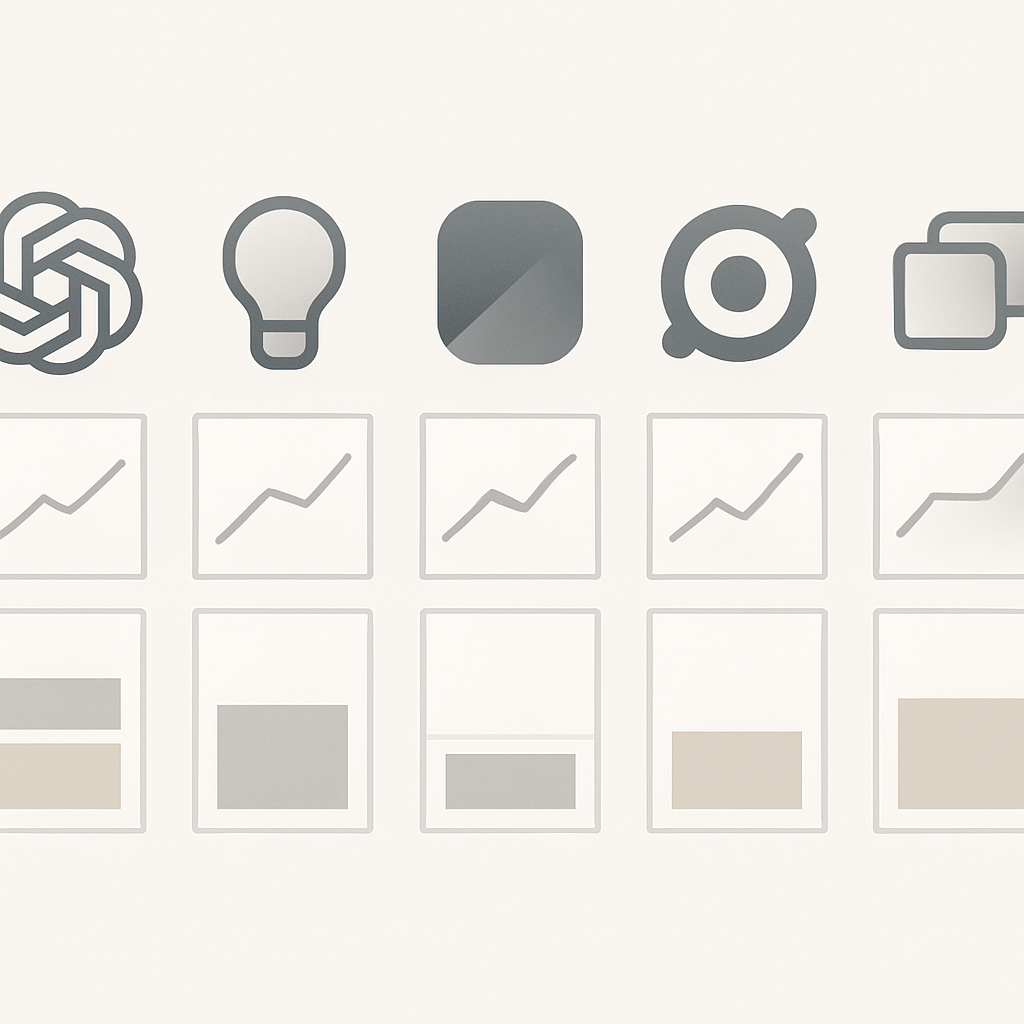AI code assistant icons arranged in a modern, minimalist infographic-style layout to showcase a sense of clarity and educational value