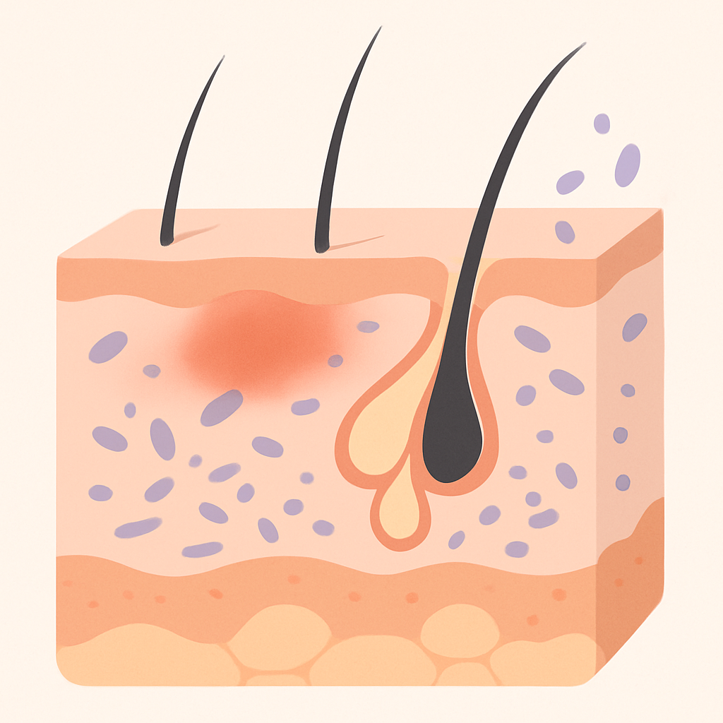 A modern, minimalist educational illustration showing the causes and mechanisms of seborrheic dermatitis: visualize a cross-section of human skin with hair follicles, sebaceous glands producing excess oil, and scattered microorganisms to represent yeast. Use clean lines, soft colors, and abstract shapes to highlight inflammation, oil production, and skin layers. No text, no faces, and avoid any specific brands or characters. The style should be professional and suitable for high-quality learning content.