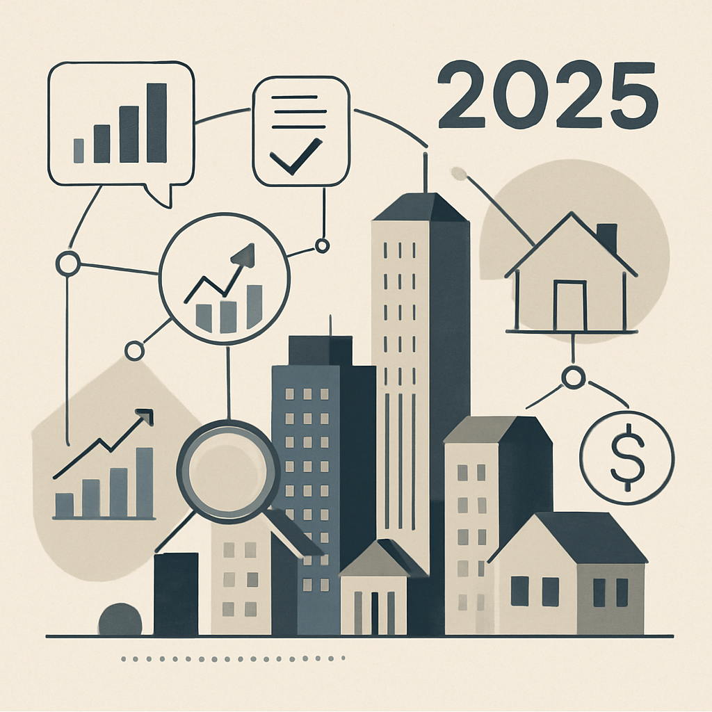 A modern, minimalist illustration depicting the key trends and issues in the real estate market for 2025. Show stylized buildings and cityscapes interconnected with abstract icons representing market data, legal documents, houses, graphs, magnifying glasses, and economic impact. Use neutral, professional colors with clean lines and a futuristic educational atmosphere. Avoid including human faces, text, or any brand-specific elements. The overall composition should convey knowledge, analysis, and learning, suitable for high-quality educational content.