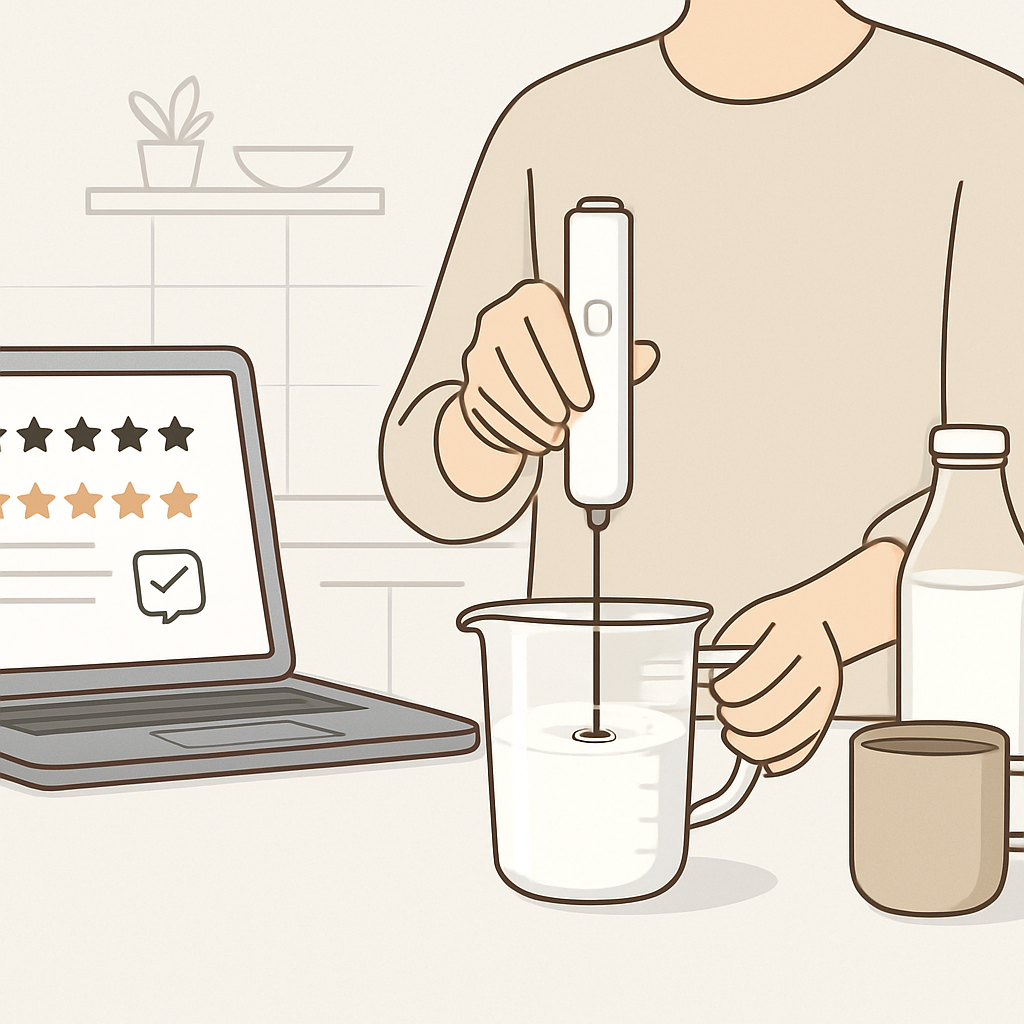 Create a clean, modern illustration representing 올리 전동거품기(우유거품기/밀크프로더) 가정용 제품 실사용 후기 및 사용자 만족도 중심 리뷰. Educational and professional style, visually appealing, suitable for learning content. High quality, clean composition, modern design, minimalist style, no text, no faces.