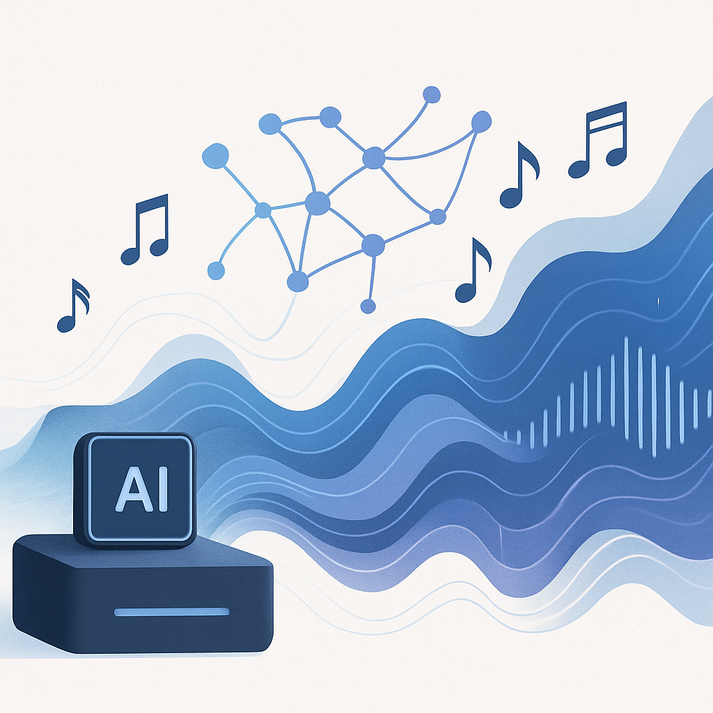 A modern, minimalist high-quality illustration representing innovative AI music generation technology—abstract digital audio waves flowing from a sleek AI-powered device, blending futuristic neural network elements with musical notes and dynamic sound patterns. Showcase a clean, professional style suitable for web content, using cool tones and subtle gradients. No text or characters, focus on the concepts of artificial intelligence, creativity, and the future of music creation.