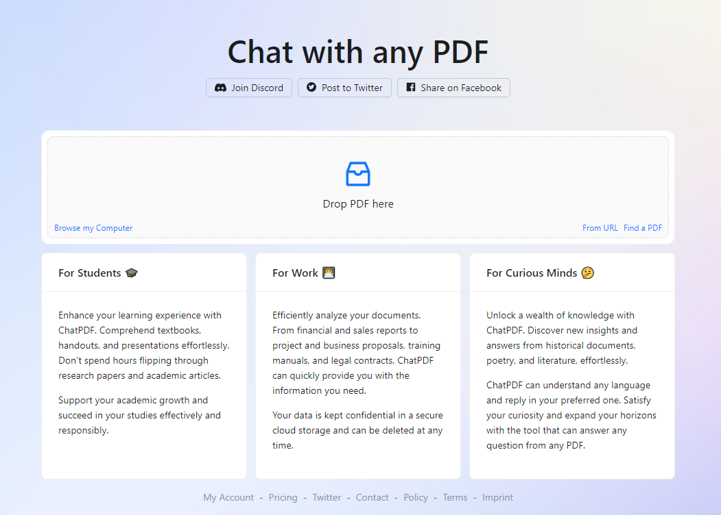 ChatPDF - 내 pdf를 올리고 채팅 형식으로 질문할 수 있는 사이트 image 1