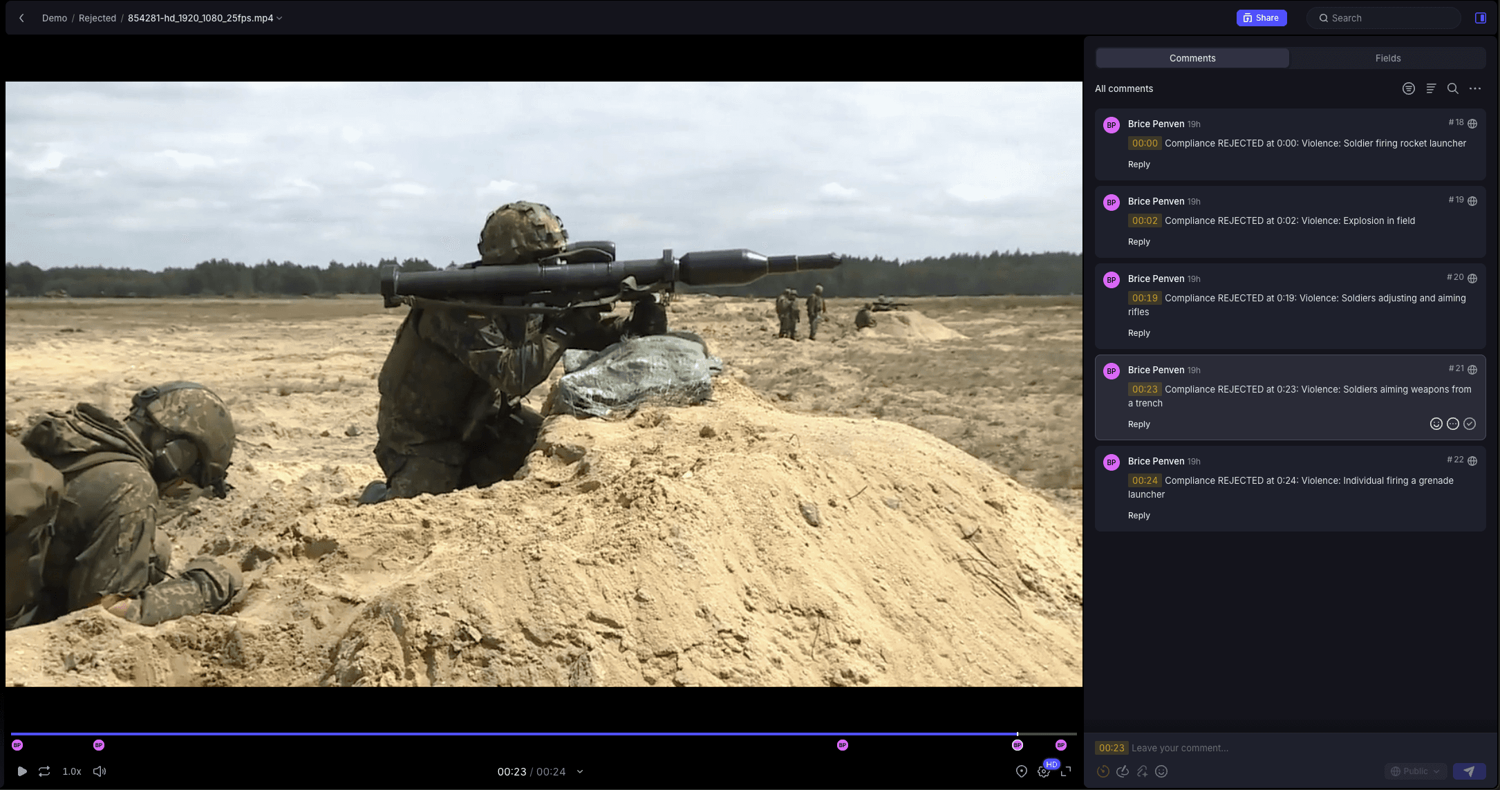 컴플라이언스 위반 장면 자동 감지 및 코멘트 등록 예시