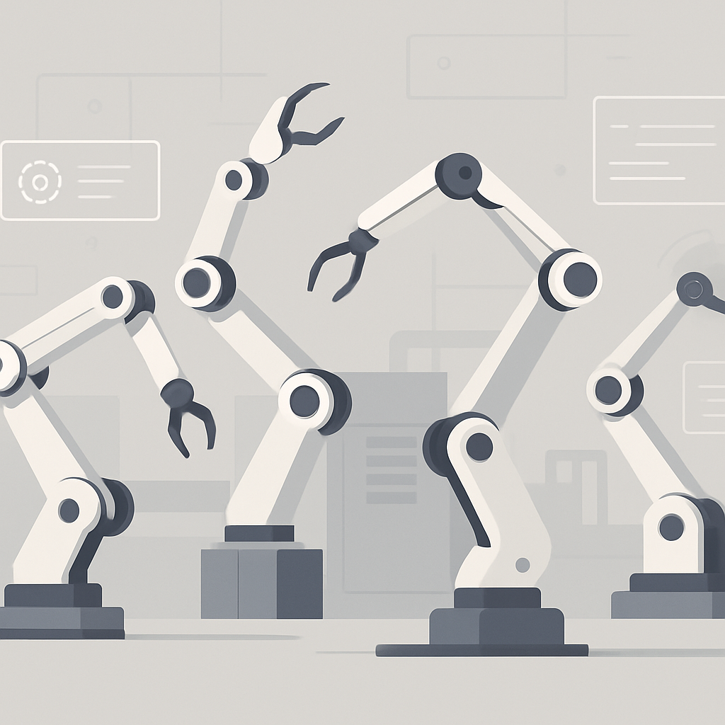 A modern, minimalist illustration of robotic arms gracefully performing synchronized movements on an automated factory floor, with sleek machinery and subtle digital interface elements in the background, highlighting the fusion of advanced robotics, automation, and intelligent choreography. No humans or faces, high-quality and educational style, symbolizing innovative learning and technology.