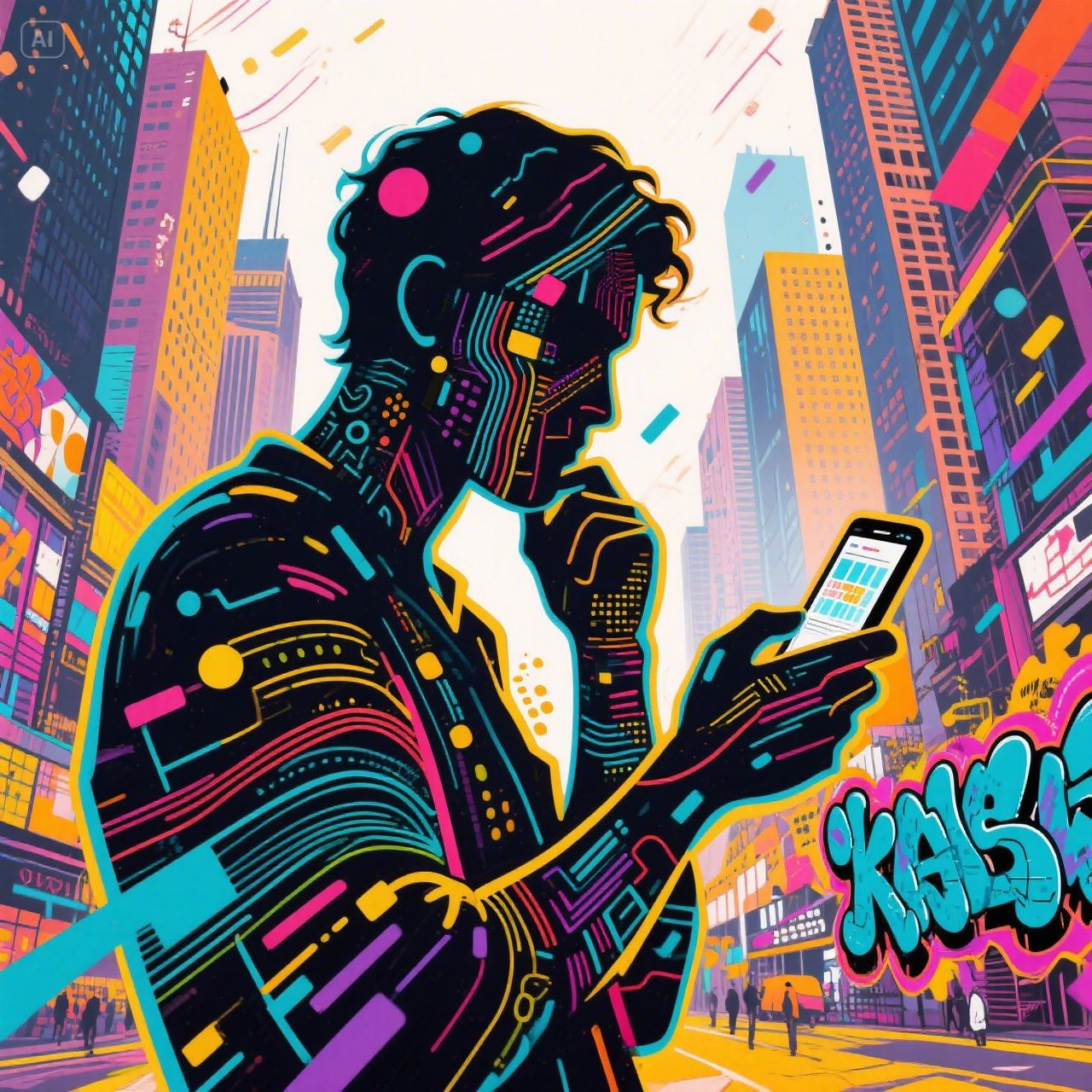 _Stylized figure looking thoughtfully at a smartphone displaying abstract data streams, superimposed