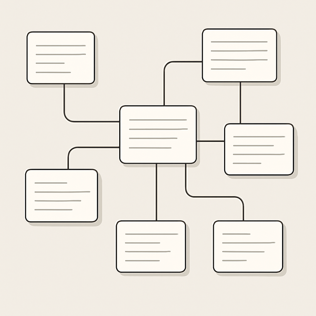 A high-quality, professional image illustrating the fundamental concept of Zettelkasten note-taking method. Depict interconnected minimalist cards or notes, visually representing a network of knowledge. Use clean lines and a modern, sleek style with neutral backgrounds. Emphasize organization, learning, and the logical flow of ideas without any text or recognizable characters. The design should convey a sense of educational clarity and structured thinking, suitable for contemporary educational content.