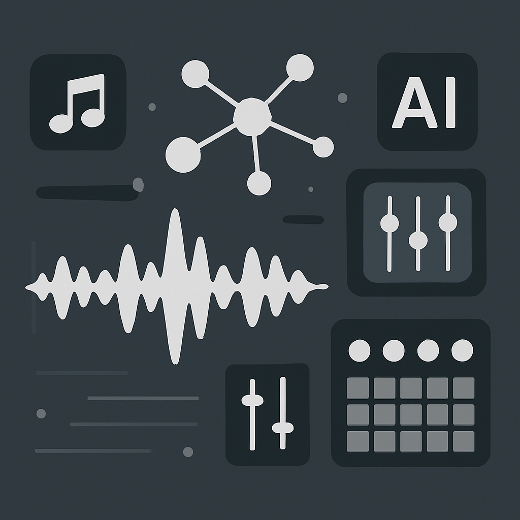 A modern, minimalist digital workspace showing an abstract representation of artificial intelligence in music production: sleek audio waveforms, geometric icons of digital tools, interconnected nodes symbolizing creative processes, and stylized elements resembling virtual synthesizers or mixing boards. The scene should convey learning, innovation, and sophisticated technology without any text, people, or brand-specific imagery. The design should feel professional, educational, and high-quality, suitable for instructional content.