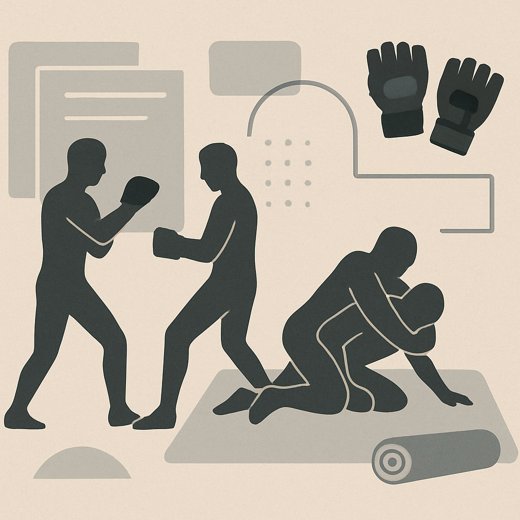A modern, minimalist illustration showing key elements of mixed martial arts (MMA) training: stylized silhouettes of athletes practicing classic movements such as striking and grappling, surrounded by abstract shapes representing learning and structure, with training equipment like gloves and mats subtly integrated. The image should evoke education, discipline, and systematic practice. No faces, text, or specific branding; clean lines and neutral colors for a professional educational look.