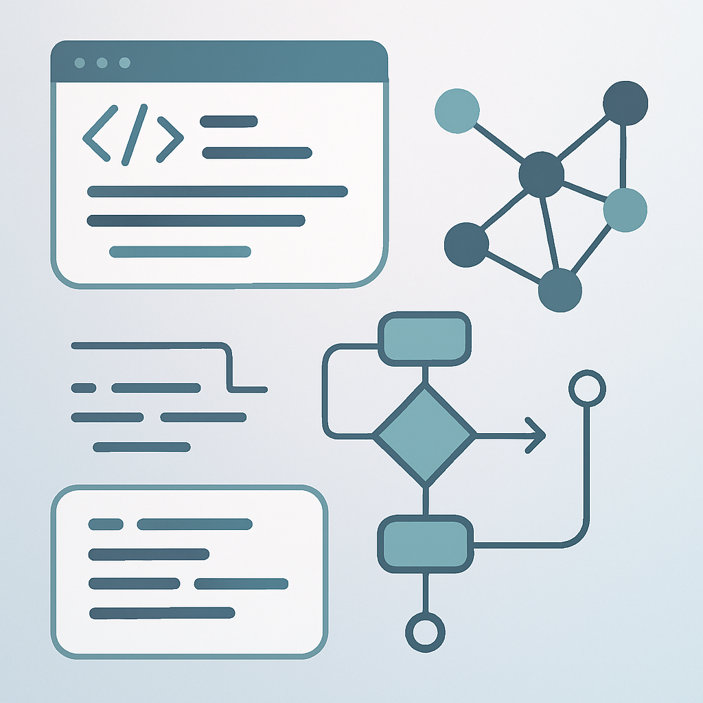 A modern, minimalist digital illustration representing coding concepts and educational learning. Show abstract code snippets, algorithm symbols, and interconnected nodes on a clean interface, symbolizing various coding methodologies and practical applications. Use sleek lines, geometric shapes, and cool-toned colors to evoke a professional and educational atmosphere. Exclude any text, faces, brand icons, or copyrighted elements. The overall style should be clean, high-quality, and visually focused on knowledge acquisition in a tech-inspired environment.