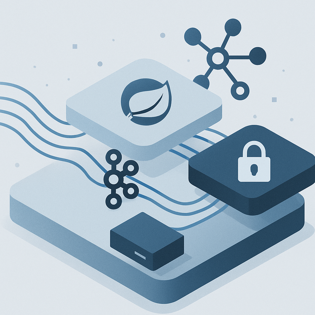 A modern, minimalist conceptual illustration showing a server architecture built with Java Spring Boot, visualized as abstract layered components. Integrate flow lines representing data streams moving through Kafka message broker, with a highlighted section illustrating a Dead Letter Queue (DLQ) as a secure buffer for unprocessed messages. Include interconnected icons or nodes demonstrating the Saga pattern for managing distributed transactions. Use cool tones (blues, greys) for a professional, educational atmosphere. No text, no human figures, and only general conceptual symbols. The composition should evoke structured learning in advanced backend development.