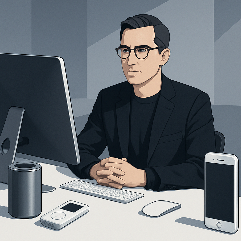 A high-quality, modern and minimalistic digital illustration featuring a sophisticated male designer in a sleek workspace, surrounded by elegant, iconic technology products with clean lines and smooth curves. The composition conveys innovation, creative influence, and a legacy in shaping contemporary design for popular consumer electronics. The overall atmosphere is professional, expertly lit, and visually balanced, suitable for web content about influential figures in the design industry. No text or branding.