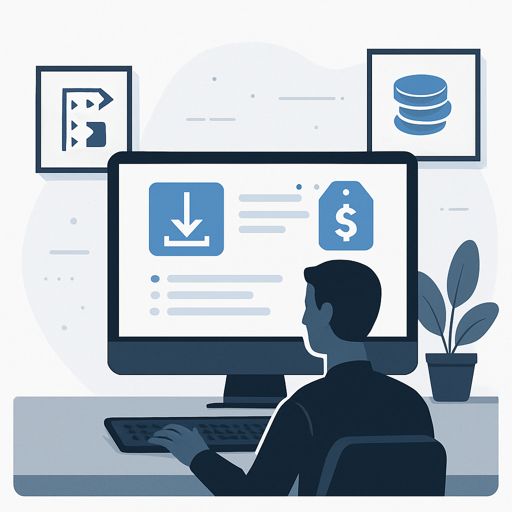A modern, minimalistic illustration showing a computer workstation where a user is installing and exploring new software. Include visual elements representing step-by-step guidance, cost breakdown with simple icons like coins or price tags, and a clean interface design on the screen. Style should be professional, sleek, and suitable for web content. No text, no direct branding, only universal symbols to convey installation, usage instructions, and pricing in a user-friendly manner.