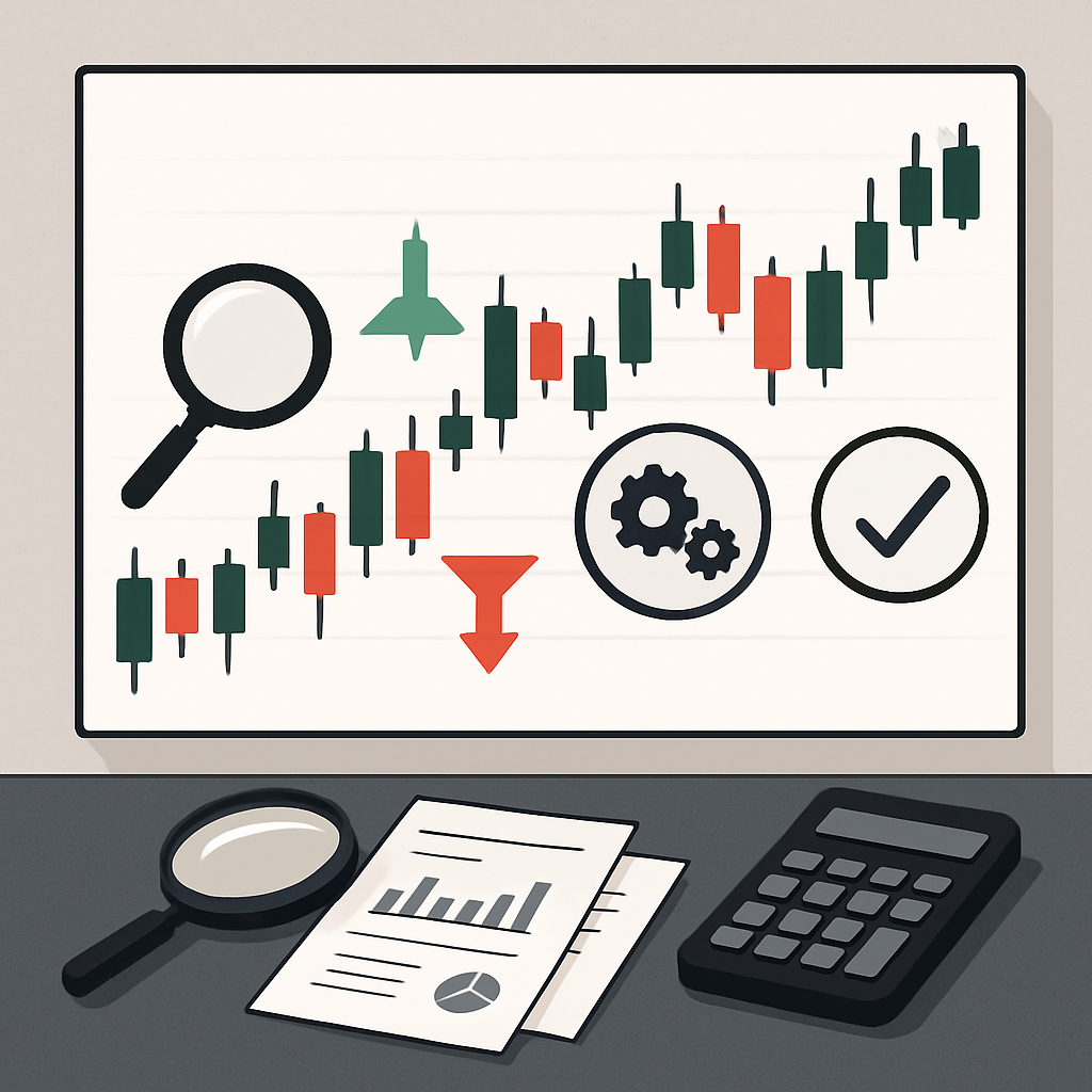 A modern, minimalist educational illustration showing a stock market candlestick chart at the end of a trading day, with highlighted upward and downward signals, overlayed with strategy icons like magnifying glass, gears, and check marks; a clean desk setup with financial reports and a calculator, emphasizing analysis and learning; no text or human faces, professional and sleek style, suitable for high-quality educational content.