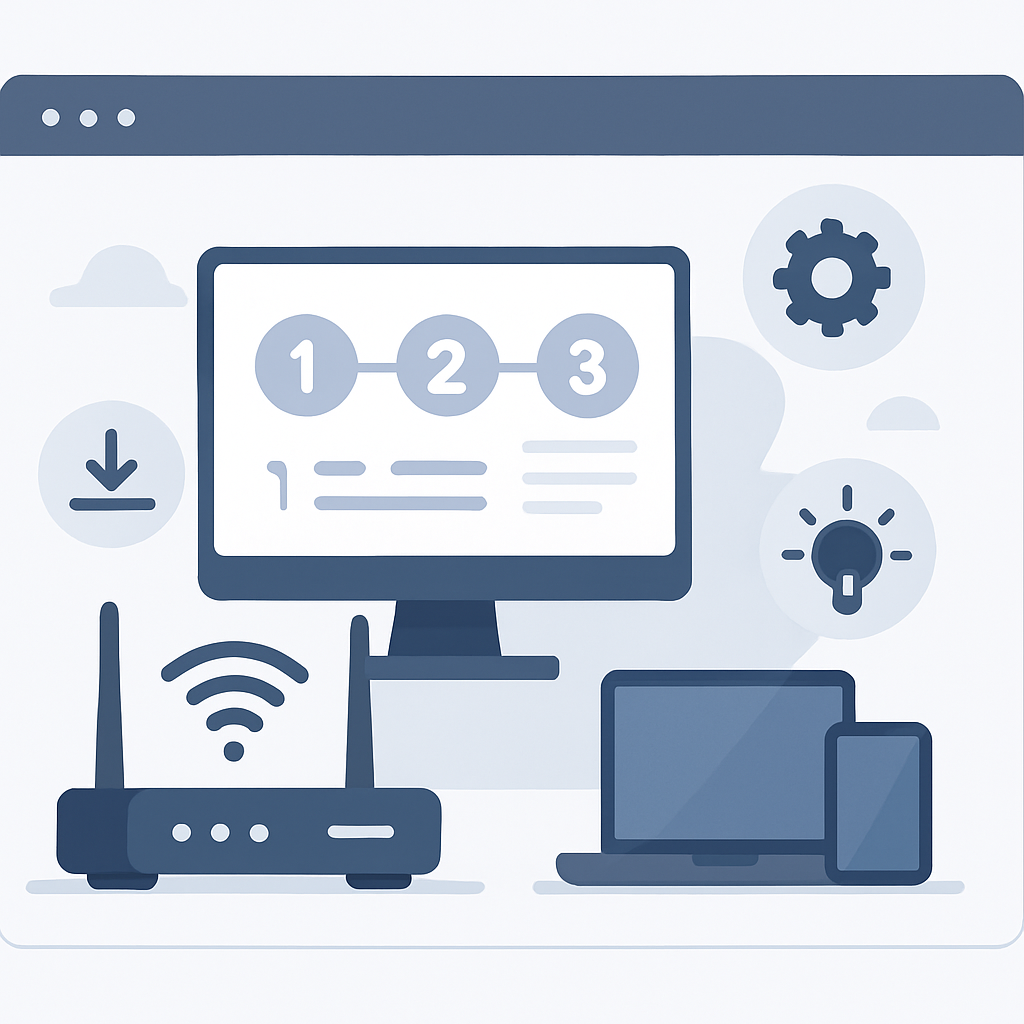 A modern and professional, high-quality web illustration showing a user-friendly computer interface with clear network and router elements, displaying step-by-step setup and configuration processes in a sleek, minimalist design. Include icons representing installation, settings adjustment, and real-world usage tips, set against a clean and contemporary background. The image should convey clarity and ease of use, without any text or specific branding, focusing on general concepts like connected devices, system optimization, and smooth network management.