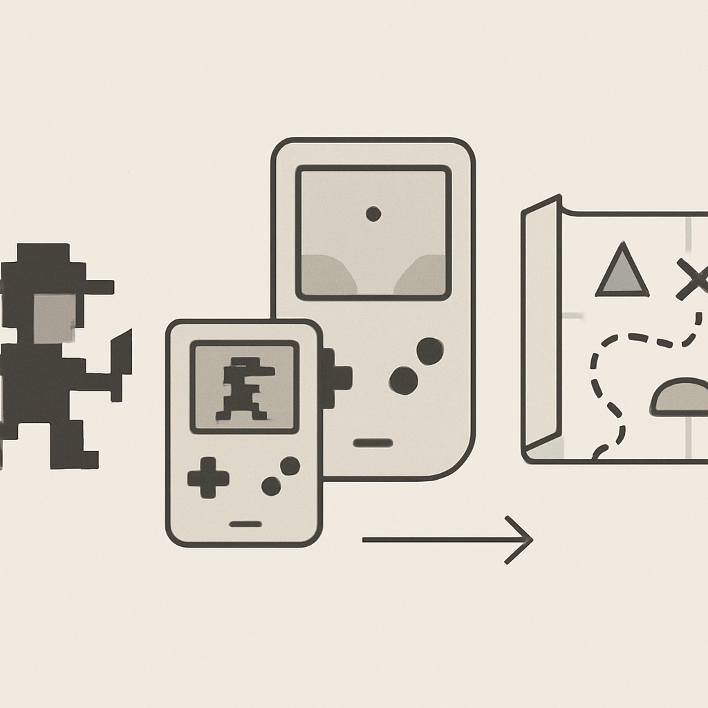 A modern, minimalistic illustration representing the historical development of a popular handheld adventure game concept. Show an evolution of classic pixelated game icons, vintage handheld console shapes, and simplified map elements against a clean, educational background. Use neutral colors and crisp lines to convey knowledge, learning, and progress in the gaming industry, avoiding any explicit branding or recognizable characters.