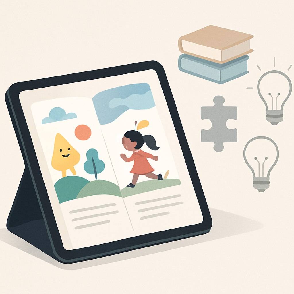 A modern, minimalist illustration showing a tablet displaying an open digital storybook with playful, colorful pages. Next to the tablet, simple abstract icons represent learning, creativity, and collaboration, such as books, light bulbs, and puzzle pieces. The background is clean and professional, with subtle gradients and soft shadows to emphasize an educational atmosphere. No text, brands, or recognizable characters, and no faces.