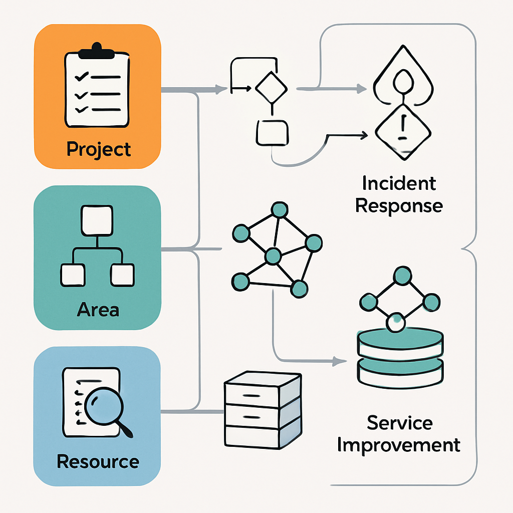 A modern, minimalistic infographic illustrating the interconnection between the PARA framework (Project, Area, Resource, Archive) and SRE daily operations such as incident response and service improvement. Show four distinct, color-coded sections representing PARA categories, each mapped with relevant icons for typical SRE processes. Use stylized diagrams (like flow charts, network nodes, or layered structures) to visually link PARA components to SRE operational activities. The composition should convey clarity, professionalism, and an educational atmosphere, with sleek lines, geometric shapes, and no text or human faces.