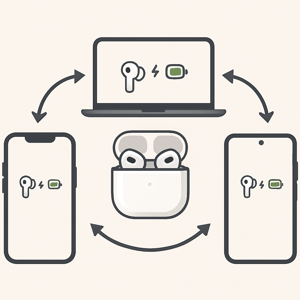 &quot;에어팟이 아이폰·윈도우·안드로이드 기기 사이를 자유롭게 옮겨 다니며 배터리 상태와 연결 아이콘이 각각의 화면에 나타나는 시각적 인포그래픽&quot;