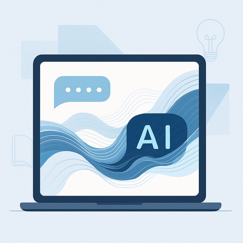 A modern, minimalist illustration showing a sleek computer or tablet screen displaying abstract digital chat bubbles and flowing lines, symbolizing artificial intelligence and conversation. The background is clean and professional, with soft blue and white tones. Elements such as lightbulb icons, layered geometric shapes, or a book outline are subtly included to evoke learning and education. No text, faces, or branded imagery are present; the overall style is high-quality and suitable for educational content.