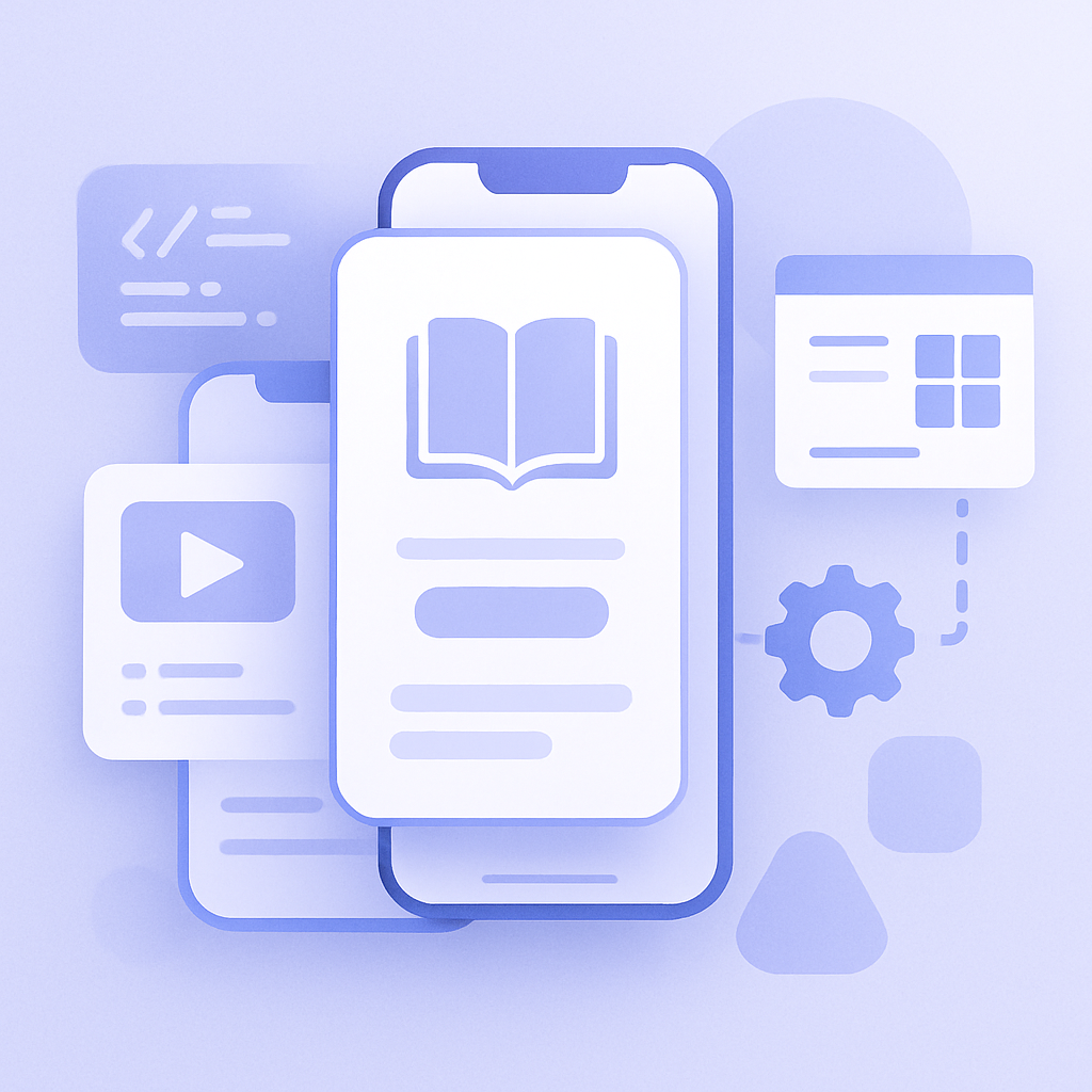 A high-quality, modern and minimalistic illustration showing a digital workspace with layered mobile app screens, abstract code snippets, and interconnected UI elements symbolizing learning and core features of a popular mobile development concept. The composition should radiate a clean, professional, and educational atmosphere, using soft gradients and geometric shapes to represent knowledge and mastery of a classic method in mobile development—no text, symbols, or human faces.