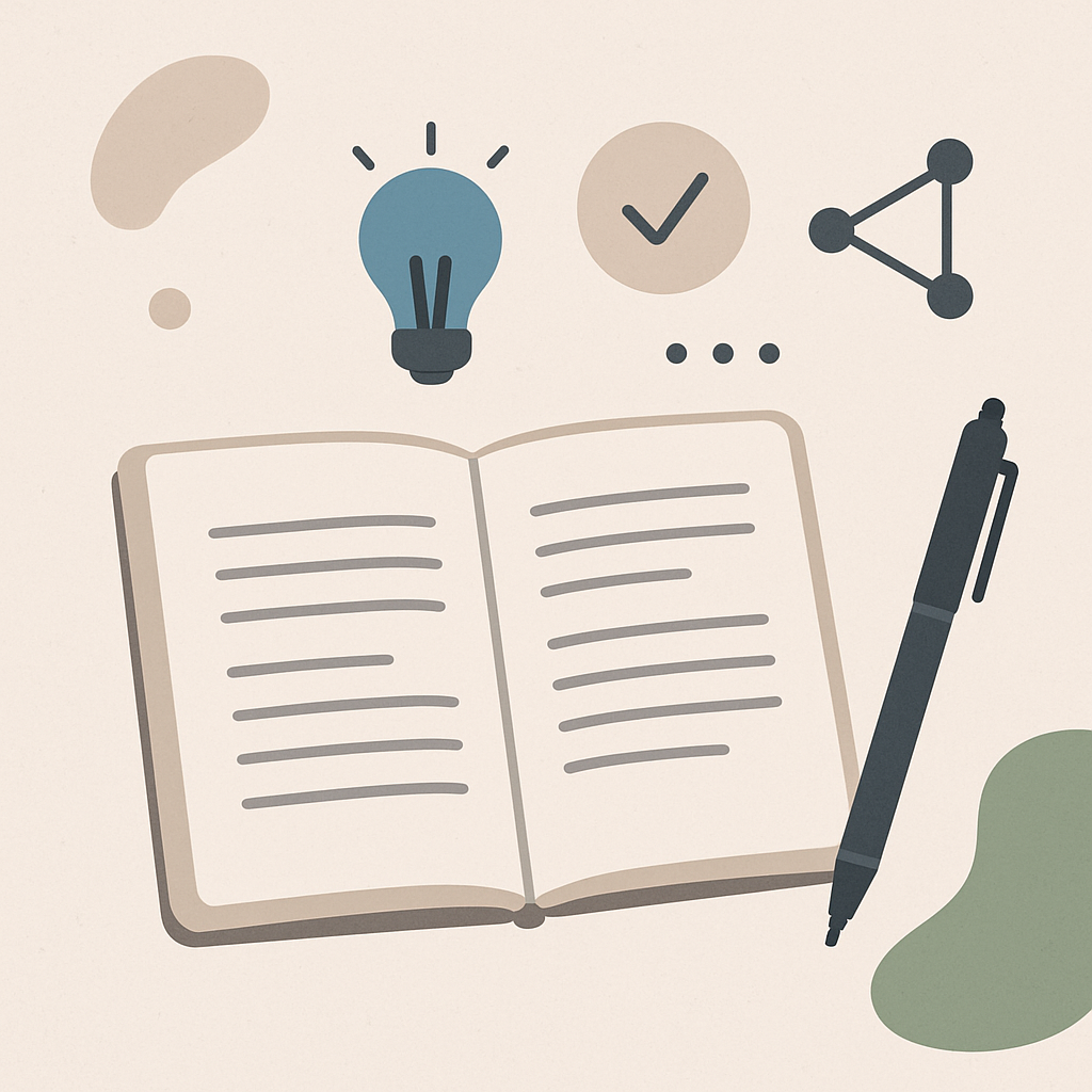 A modern and minimalistic flat lay illustration featuring an open notebook or journal with neatly written notes, a sleek pen, digital icons representing knowledge sharing (like a lightbulb, checkmark, and network nodes), and abstract shapes suggesting ongoing learning and daily discoveries. Use neutral colors with a touch of blue and green for an educational and professional feel. No visible text, human faces, or specific brands.