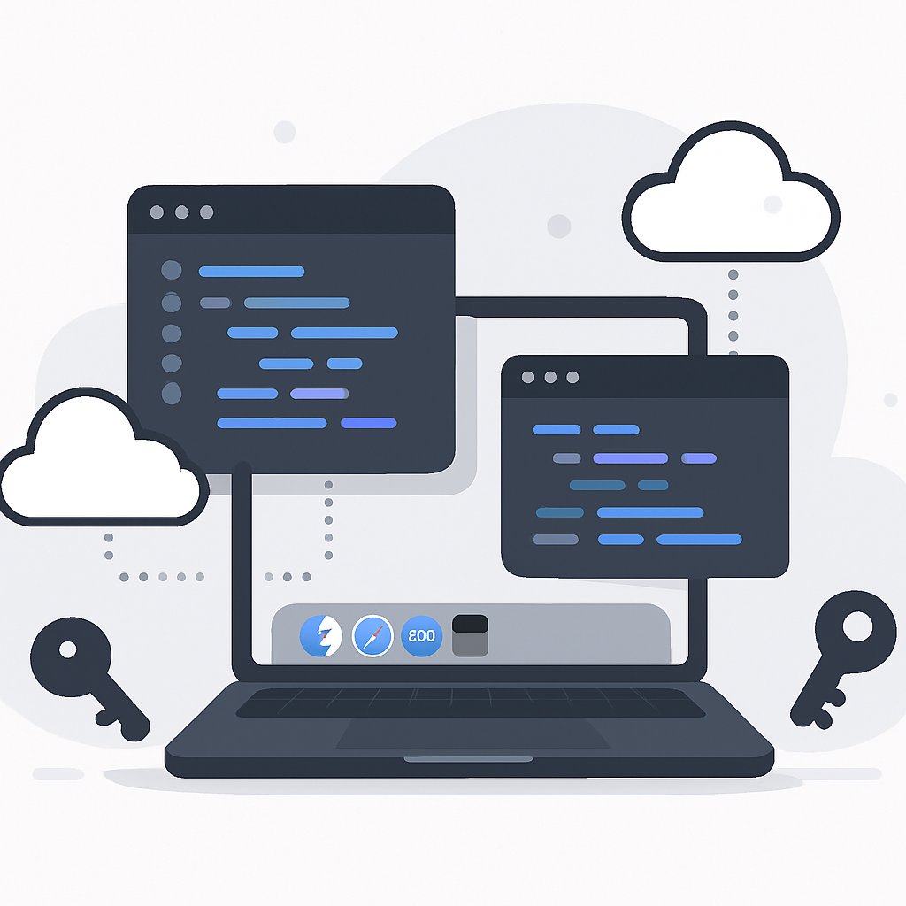 A modern, minimalistic illustration showing a laptop with macOS interface open, code editor windows with abstract code snippets, cloud symbols representing API integration, and subtle elements depicting secure credential keys. The overall style is clean, professional, and suitable for a technical tutorial. High-quality web-ready image, focusing on clear visuals that convey software setup, cloud API access, and step-by-step learning. No text or identifiable branding.