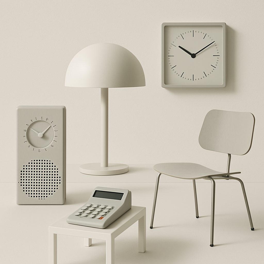 A high-quality, professional, and minimalist image illustrating the philosophy and impact of a legendary industrial designer on modern product design. The composition features clean lines, simple geometric shapes, and neutral colors, evoking clarity, functionality, and timelessness. Include references to iconic everyday objects, such as electronics, furniture, or appliances, arranged in an organized, orderly manner that represents the principle of "good design." The visual should emphasize sophistication, innovation, and elegance without any text, logos, or specific brands—perfect for a contemporary web article about influential design principles.
