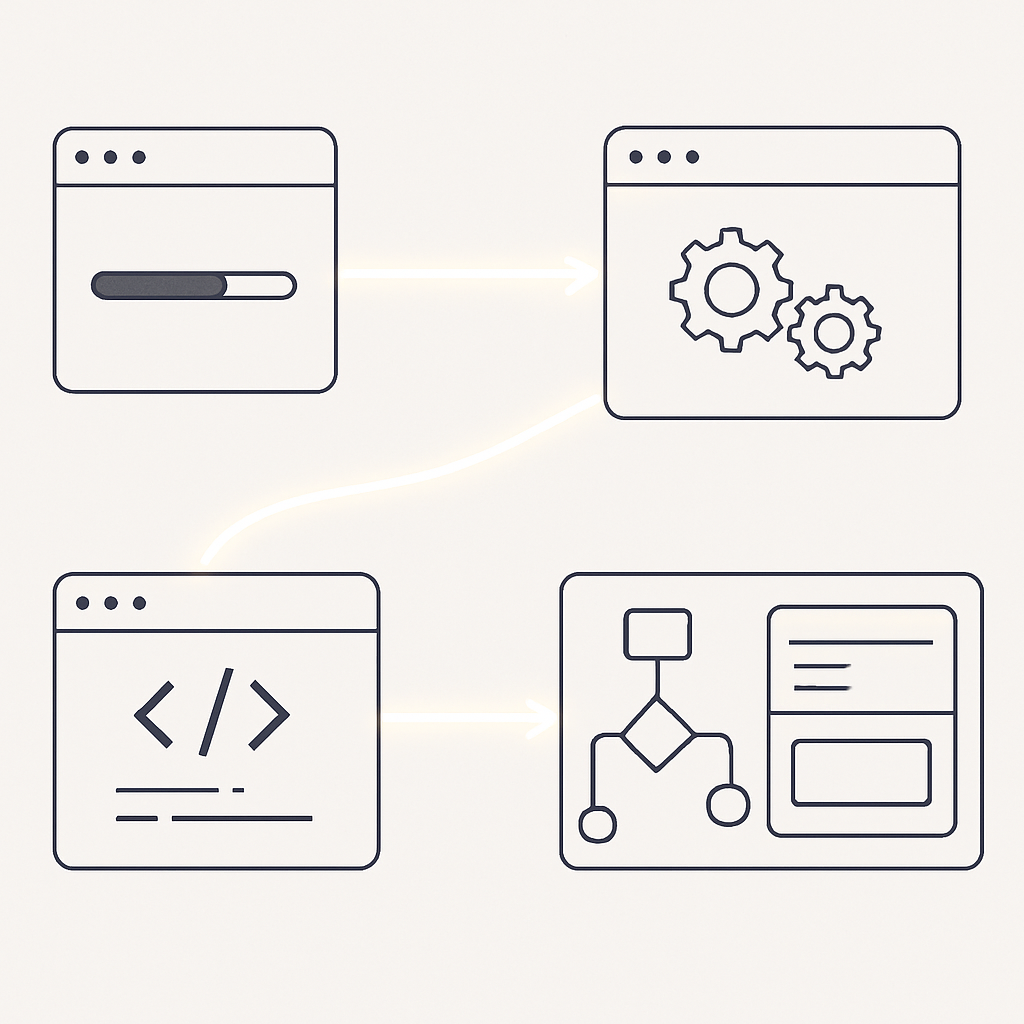 A high-quality, modern, and minimalistic educational illustration showing a step-by-step installation and initial setup process for a software tool, represented by abstract UI elements such as progress bars, settings gears, code snippets, and schematic icons. The image should visually transition from setup stages to practical usage scenarios, with glowing lines connecting phases and usage examples like flow charts or simplified dashboards. The scene should convey clarity, professionalism, and knowledge transfer without any text, logos, or human faces, perfect for an educational content backdrop.
