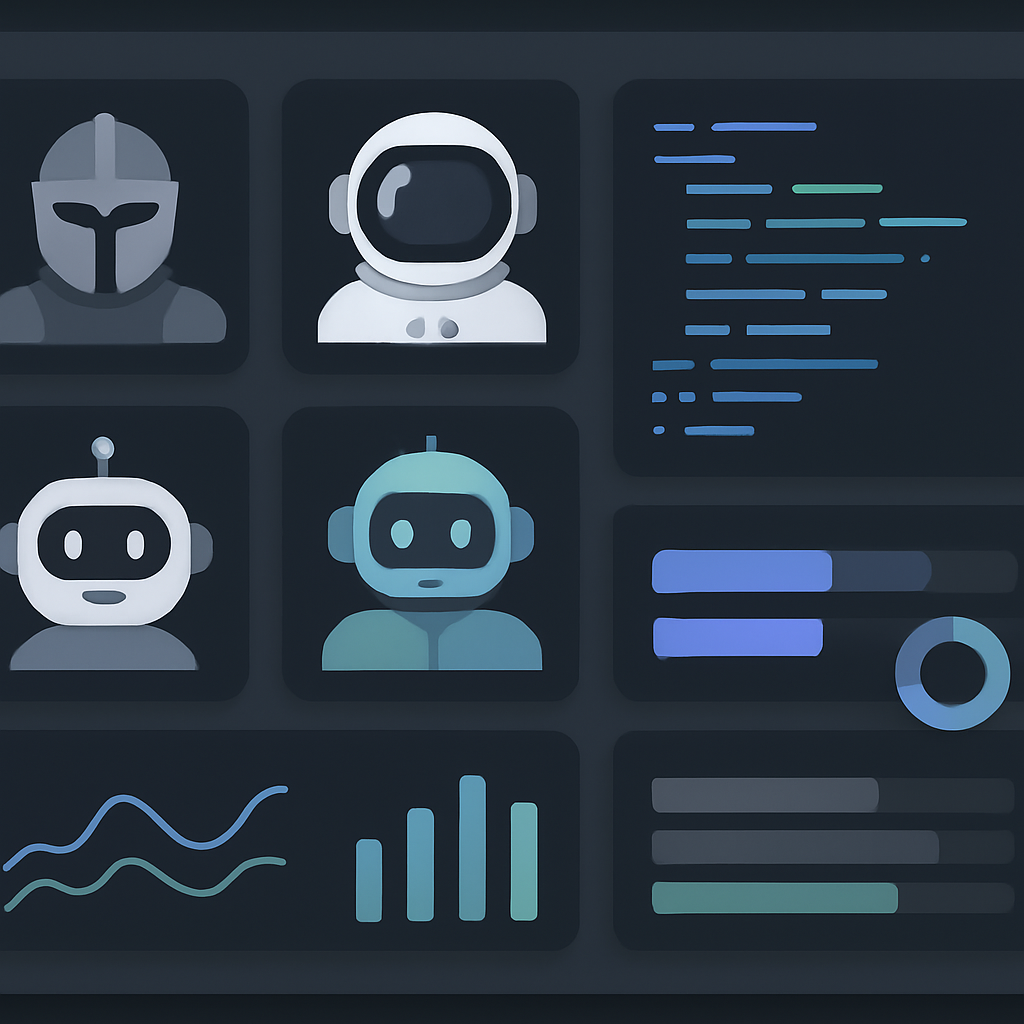 A modern, minimalistic dashboard interface showing real-time monitoring of multiple AI coding agents, featuring stylized icons representing various code assistants like Claude Code, GitHub Copilot, and others. Include sleek data charts, code snippets, and comparison elements in a clean, professional layout. The image should evoke high-tech productivity, efficient management, and integration of diverse AI tools without any text. Use a harmonious color palette suitable for web content, with subtle highlights and soft shadows for depth.
