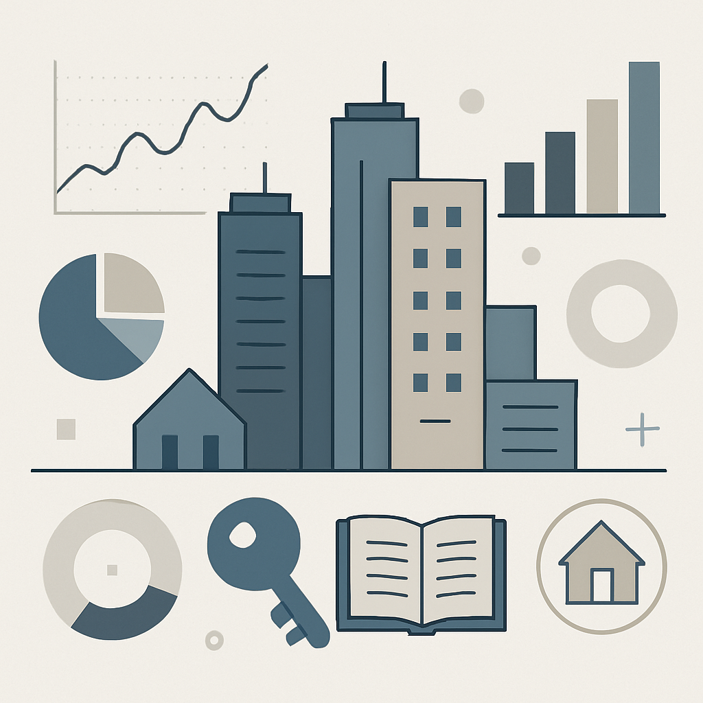 A high-quality, modern, and minimalistic educational image representing a real estate briefing for September 2025, featuring abstract city skyline shapes, simplified building icons, financial graphs, data charts, and key symbols of property and policy. Use a clean, professional color palette and geometric elements to convey concepts of market trends, policy updates, and knowledge sharing. Ensure there are no people, faces, text, or brand-specific references—focus on conveying a sense of learning, analysis, and expertise in real estate.