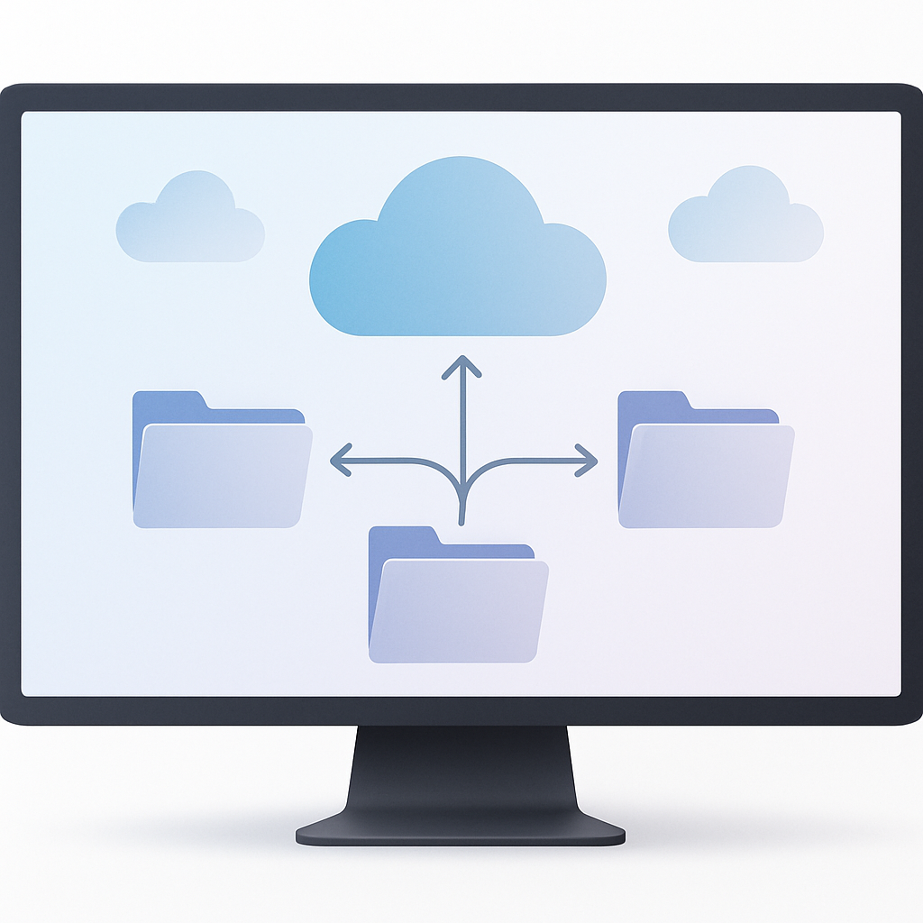 A modern and minimalistic high-quality image showing a computer screen with abstract cloud icons and interconnected file folders, visually representing efficient cloud file management. Soft gradients and crisp lines illustrate seamless data transfer and organization, emphasizing ease of use and professionalism. No text or language elements; web-ready, clean, and uncluttered style.