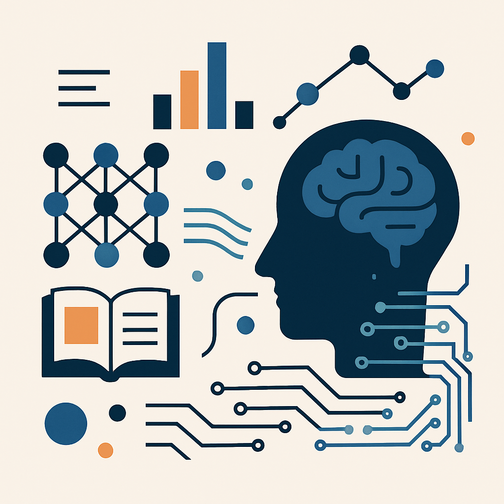 A modern, minimalistic illustration representing advanced artificial intelligence analysis and learning processes: abstract geometric shapes and digital elements, such as interconnected neural network nodes, stylized data streams, and layered circuit patterns, arranged on a clean background. The scene suggests cutting-edge technology, knowledge acquisition, and educational content. No text or branding, no human faces, high-quality and professional look suitable for an educational context.